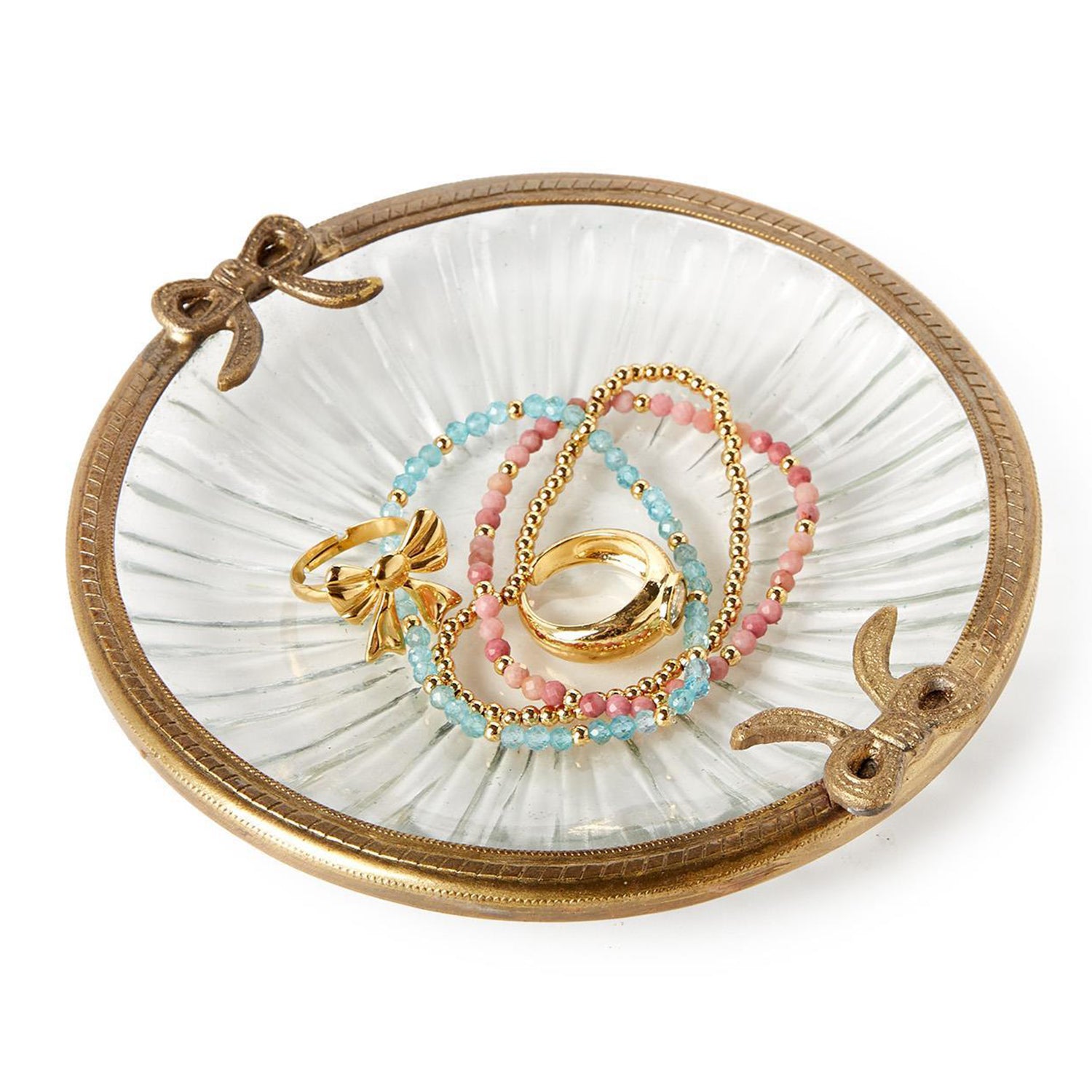 Antique Gold Round Glass Trinket Tray w/Bow Accent