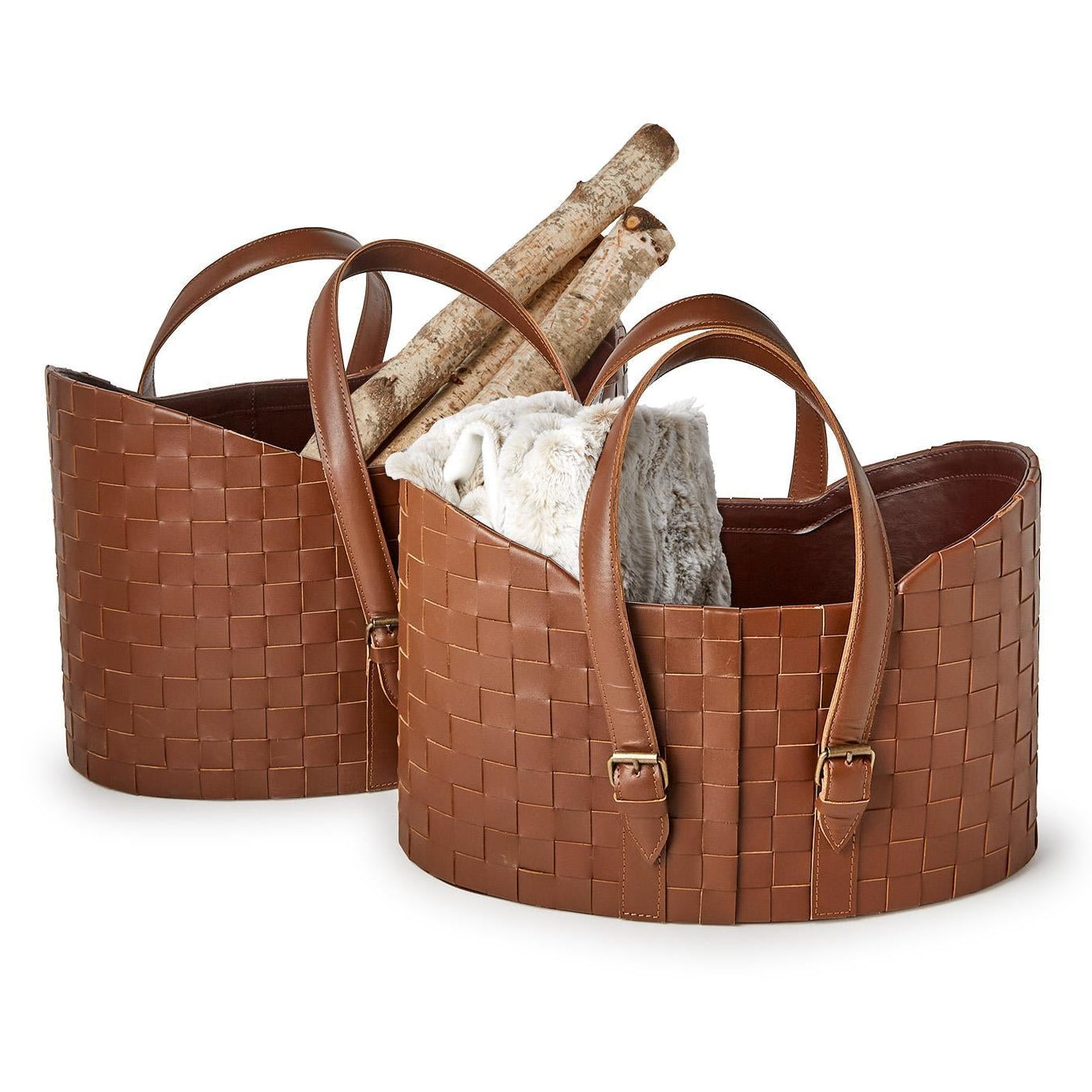 Genuine Leather Basketweave Storage Basket Set of 2