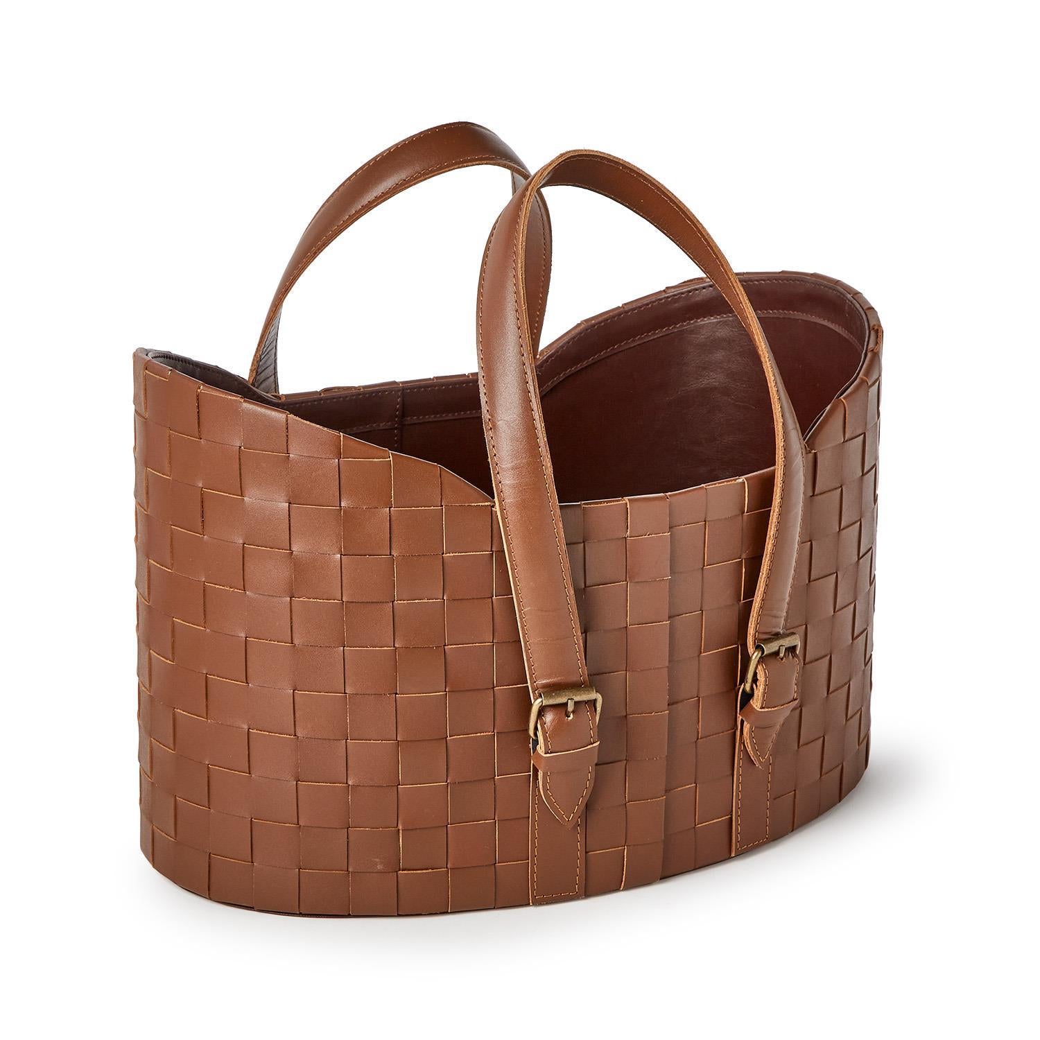 Genuine Leather Basketweave Storage Basket Set of 2