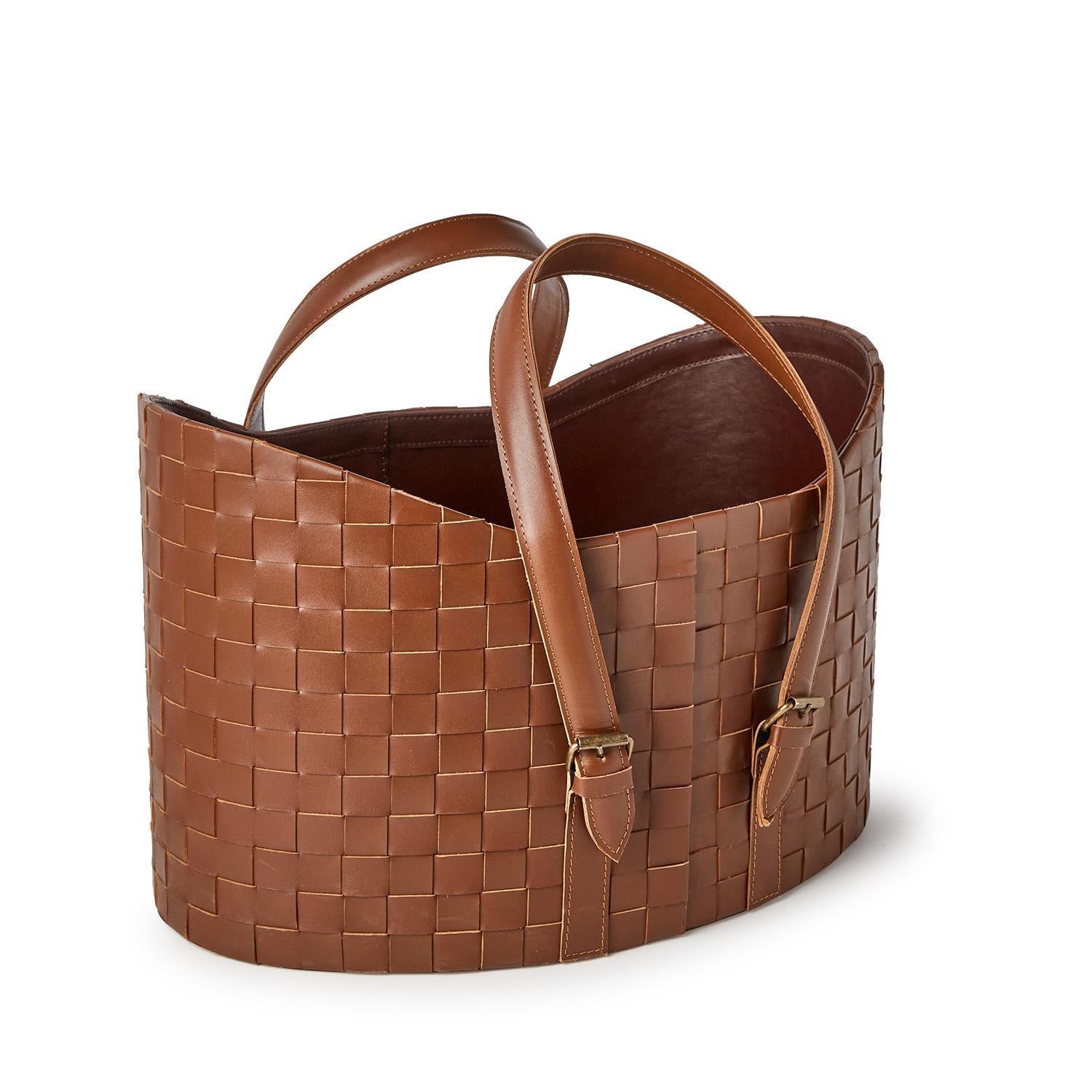 Genuine Leather Basketweave Storage Basket Set of 2