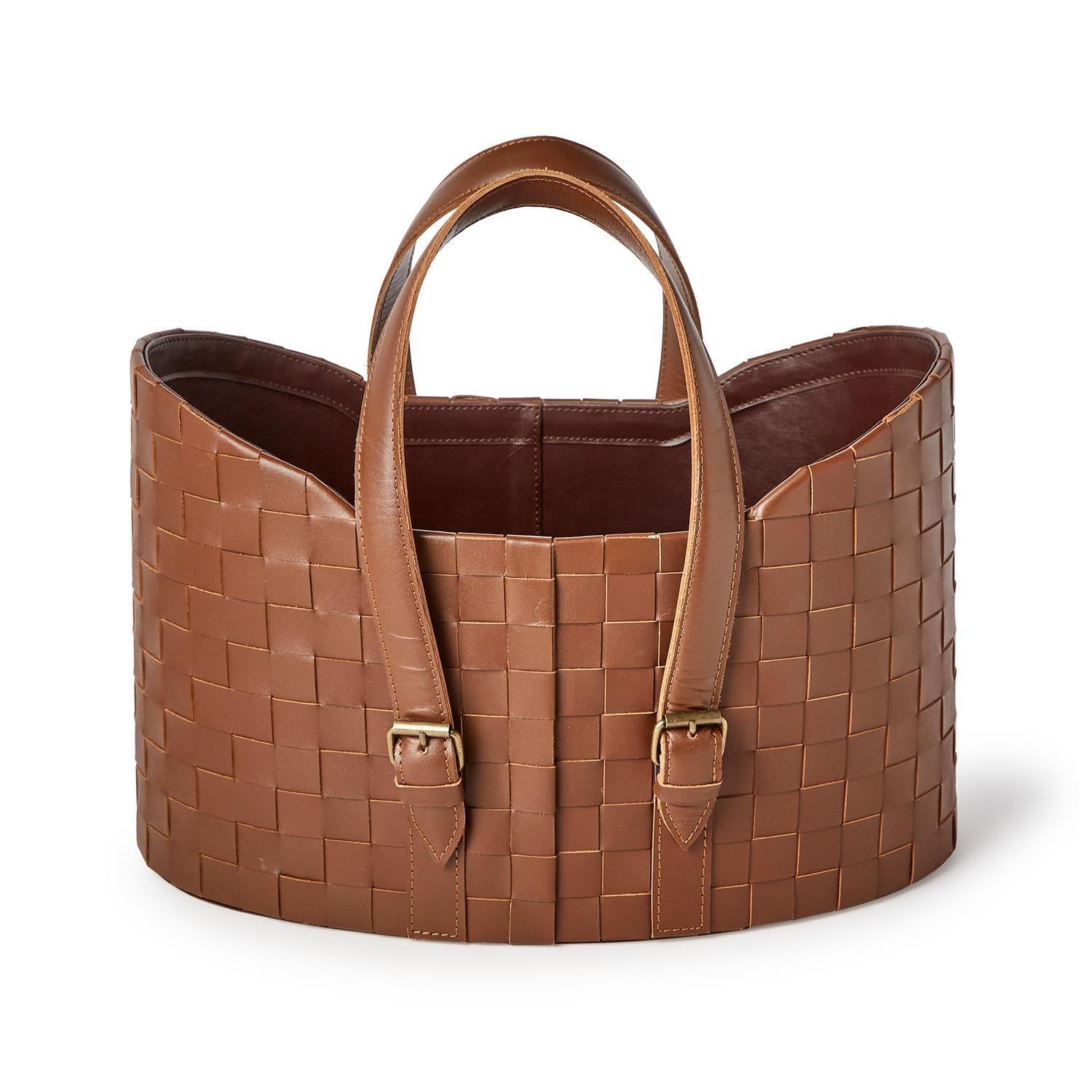 Genuine Leather Basketweave Storage Basket Set of 2