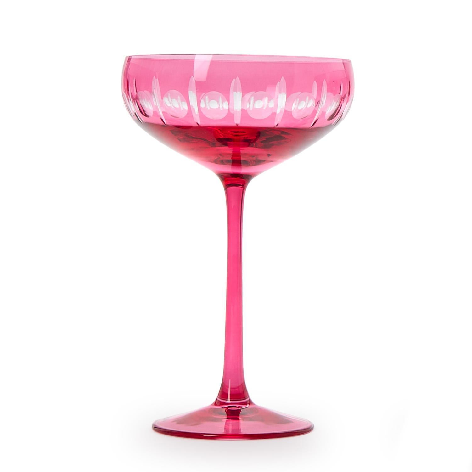 Sparkling Cut Pink Hand Engraved Coupe Wine Glass Set of 4