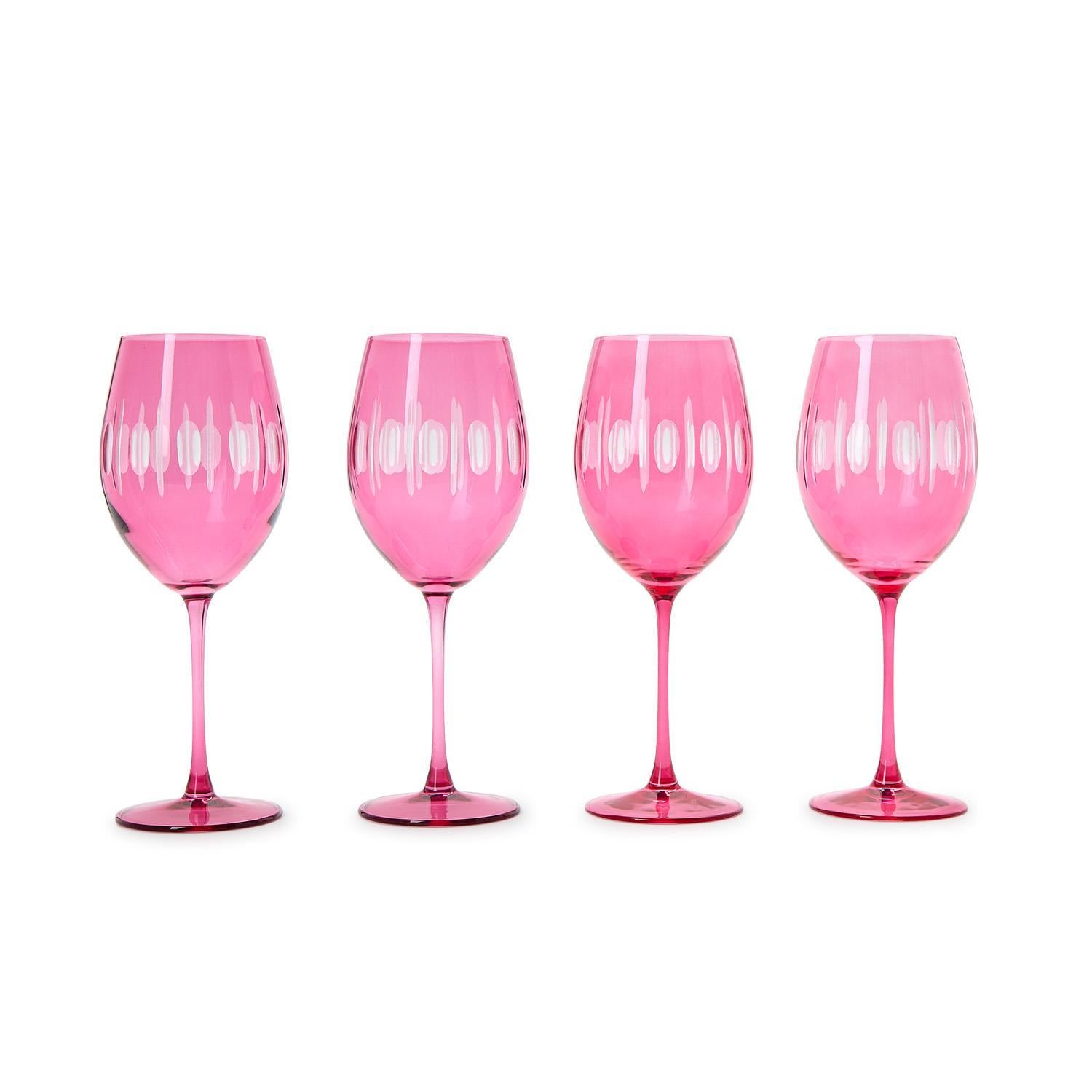 Sparkling Cut Pink Hand Engraved Stemmed Wine Glass Set of 4