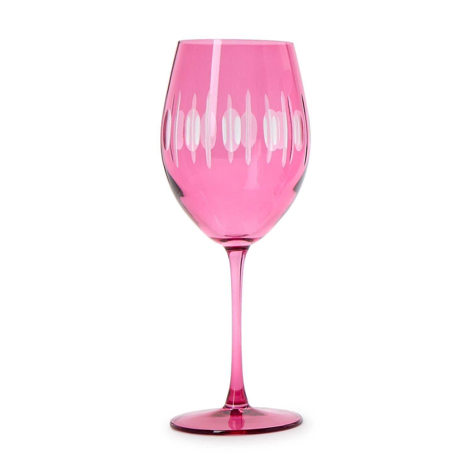 Sparkling Cut Pink Hand Engraved Stemmed Wine Glass Set of 4