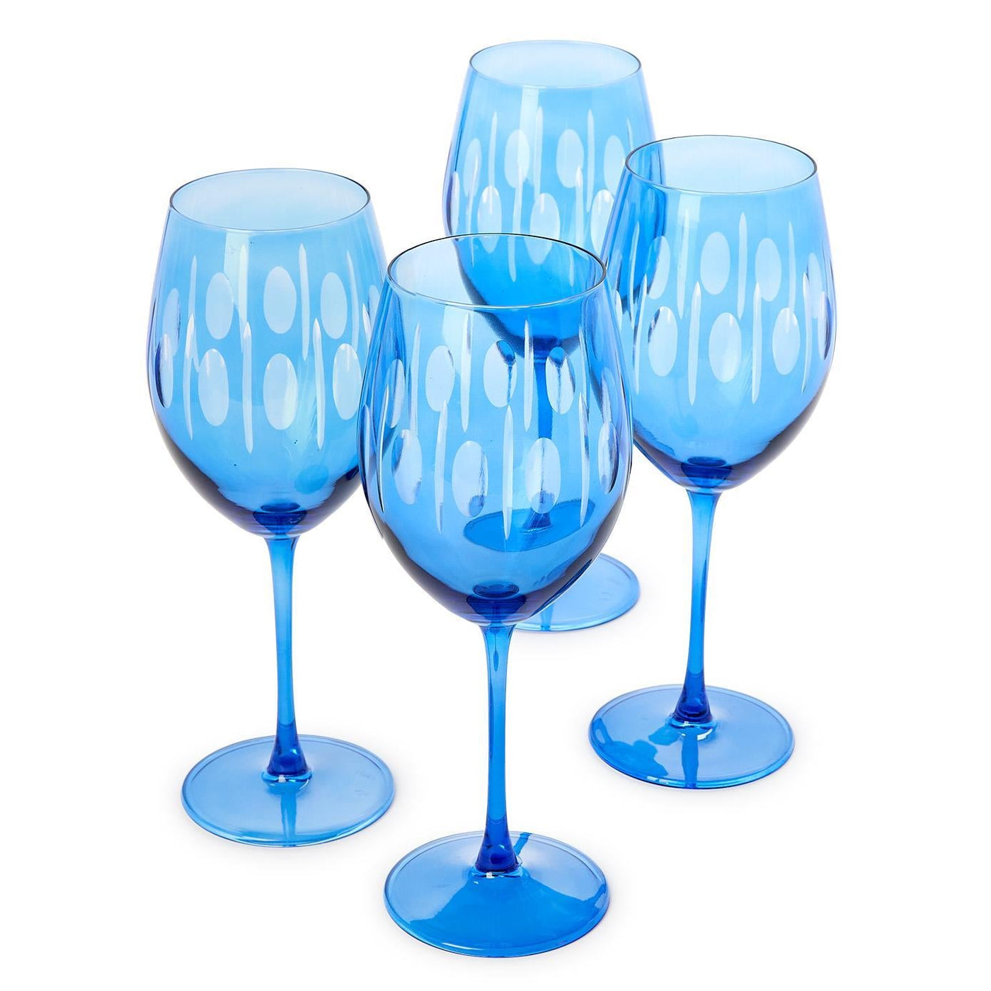 Sparkling Cut Blue Hand Engraved Stemmed Wine Glass Set of 4