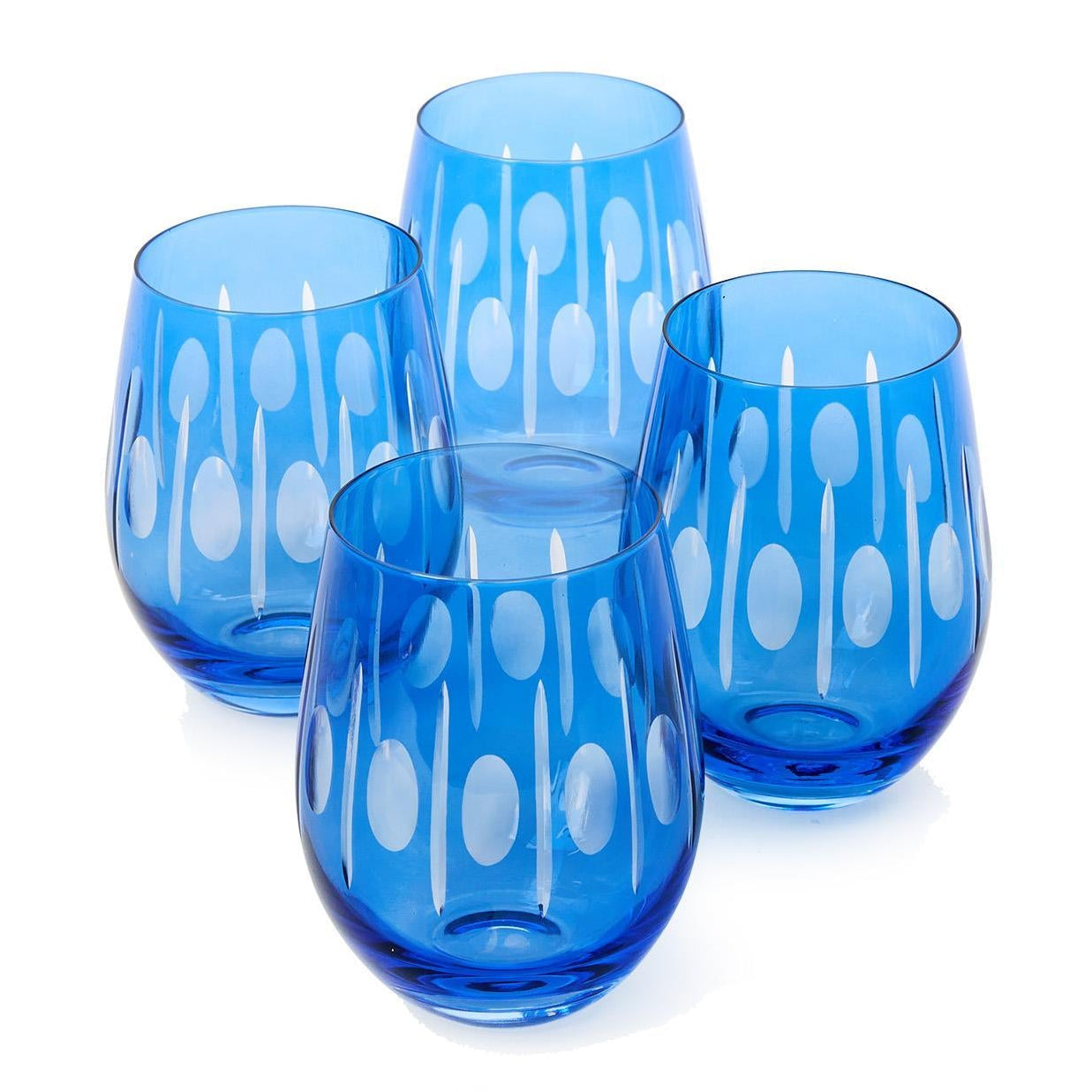 Sparkling Cut Blue Hand Engraved Stemless Wine Glass Set of 4