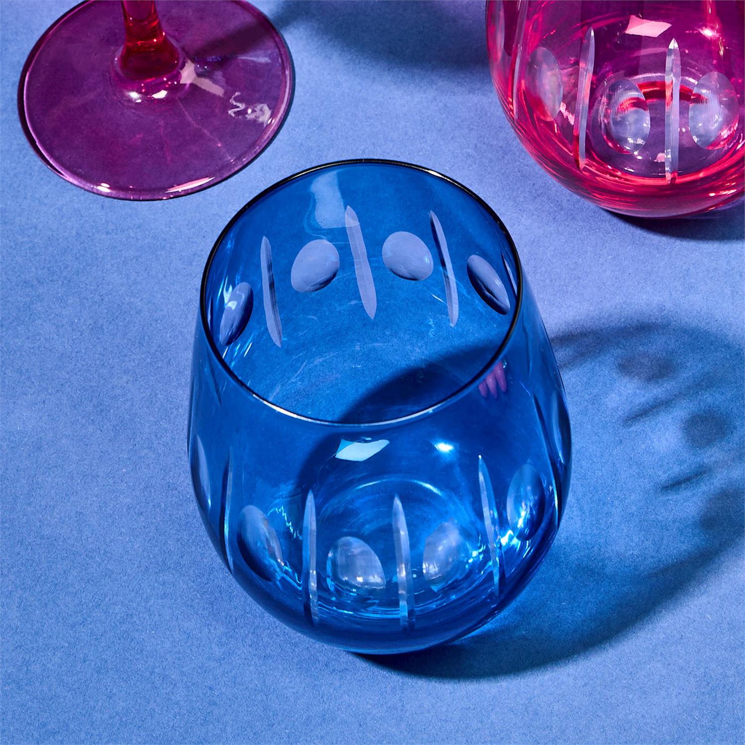 Sparkling Cut Blue Hand Engraved Stemless Wine Glass Set of 4