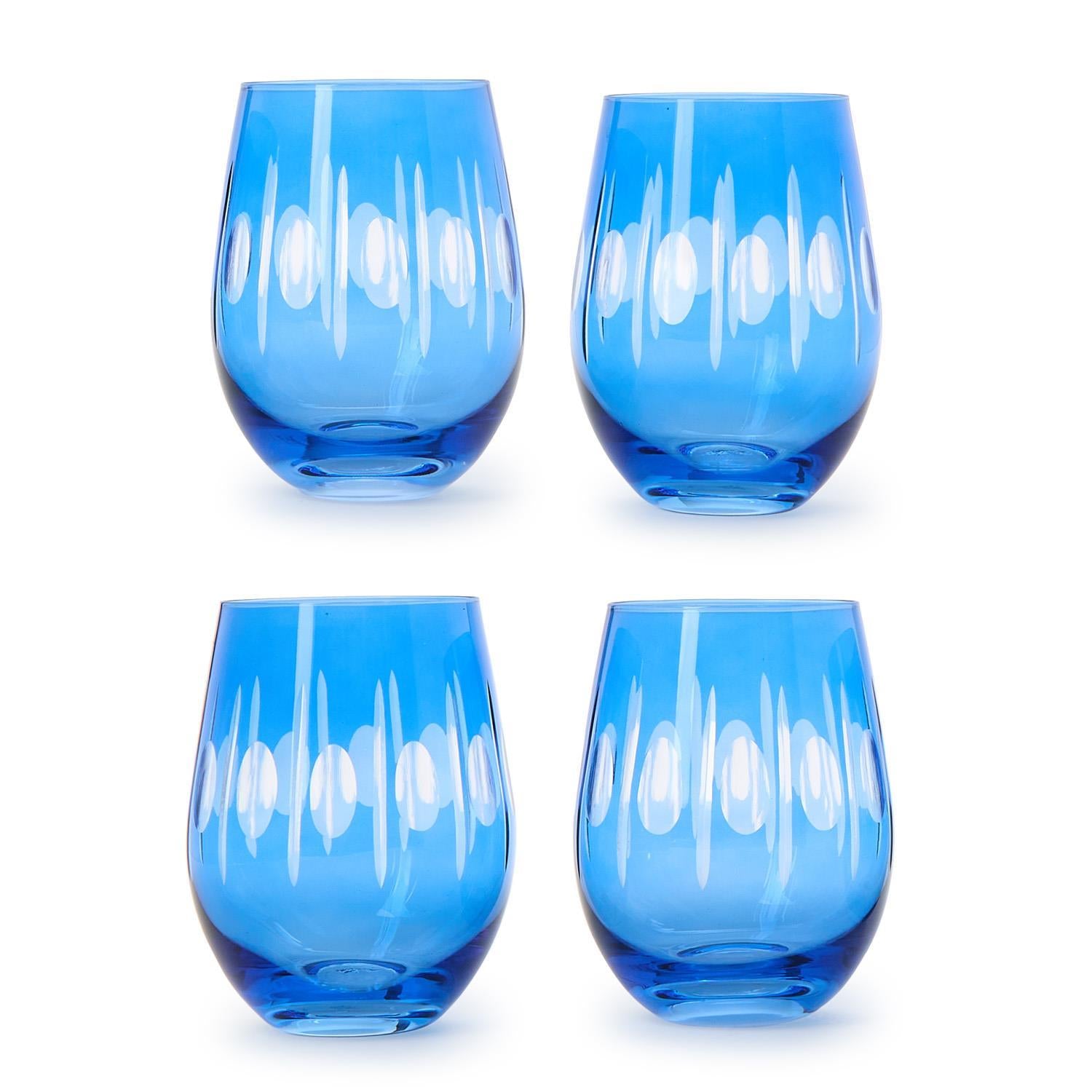 Sparkling Cut Blue Hand Engraved Stemless Wine Glass Set of 4