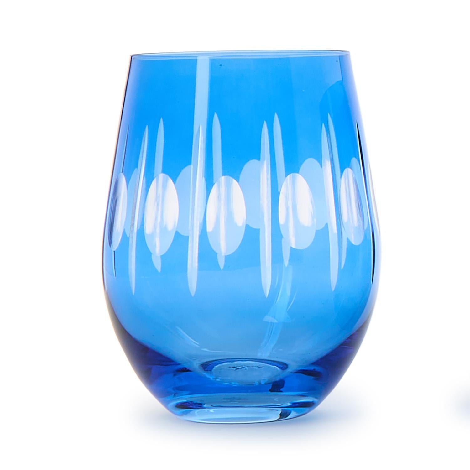 Sparkling Cut Blue Hand Engraved Stemless Wine Glass Set of 4