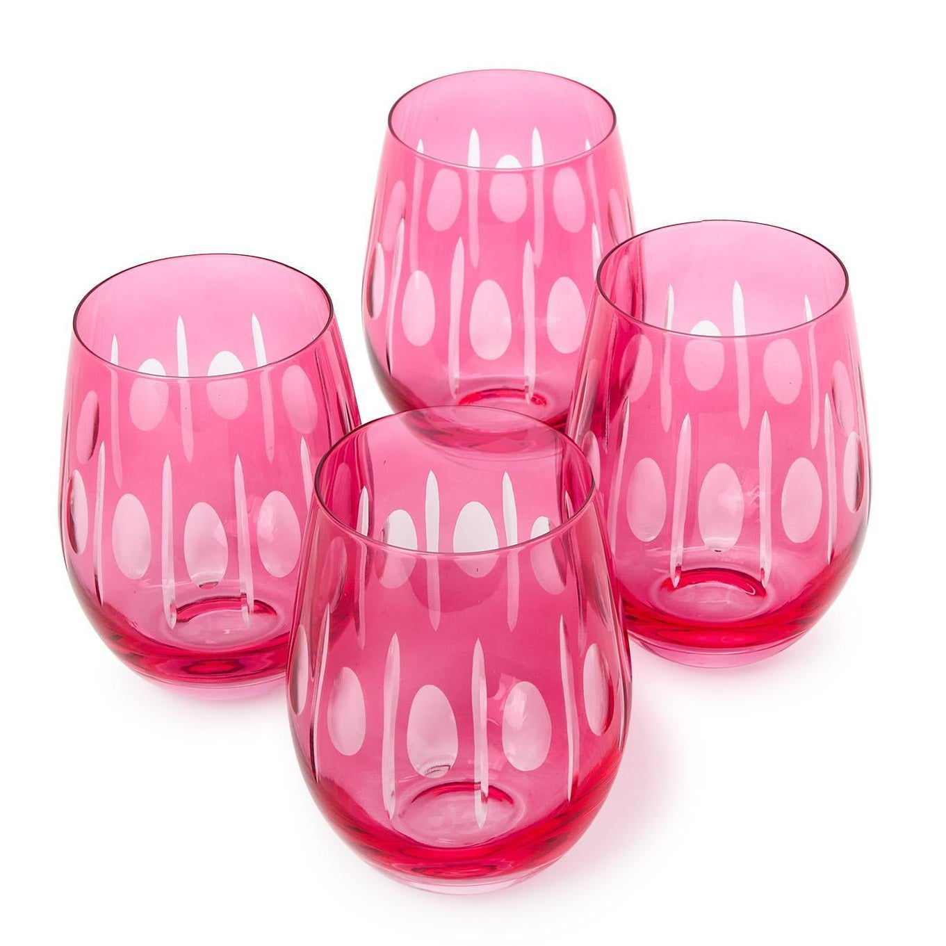 Sparkling Cut Pink Hand Engraved Stemless Wine Glass Set of 4
