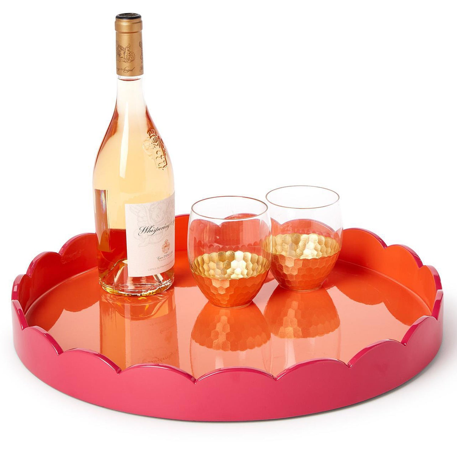 Scalloped Pink and Orange Dual Tone Lacquered Tray Set of 2