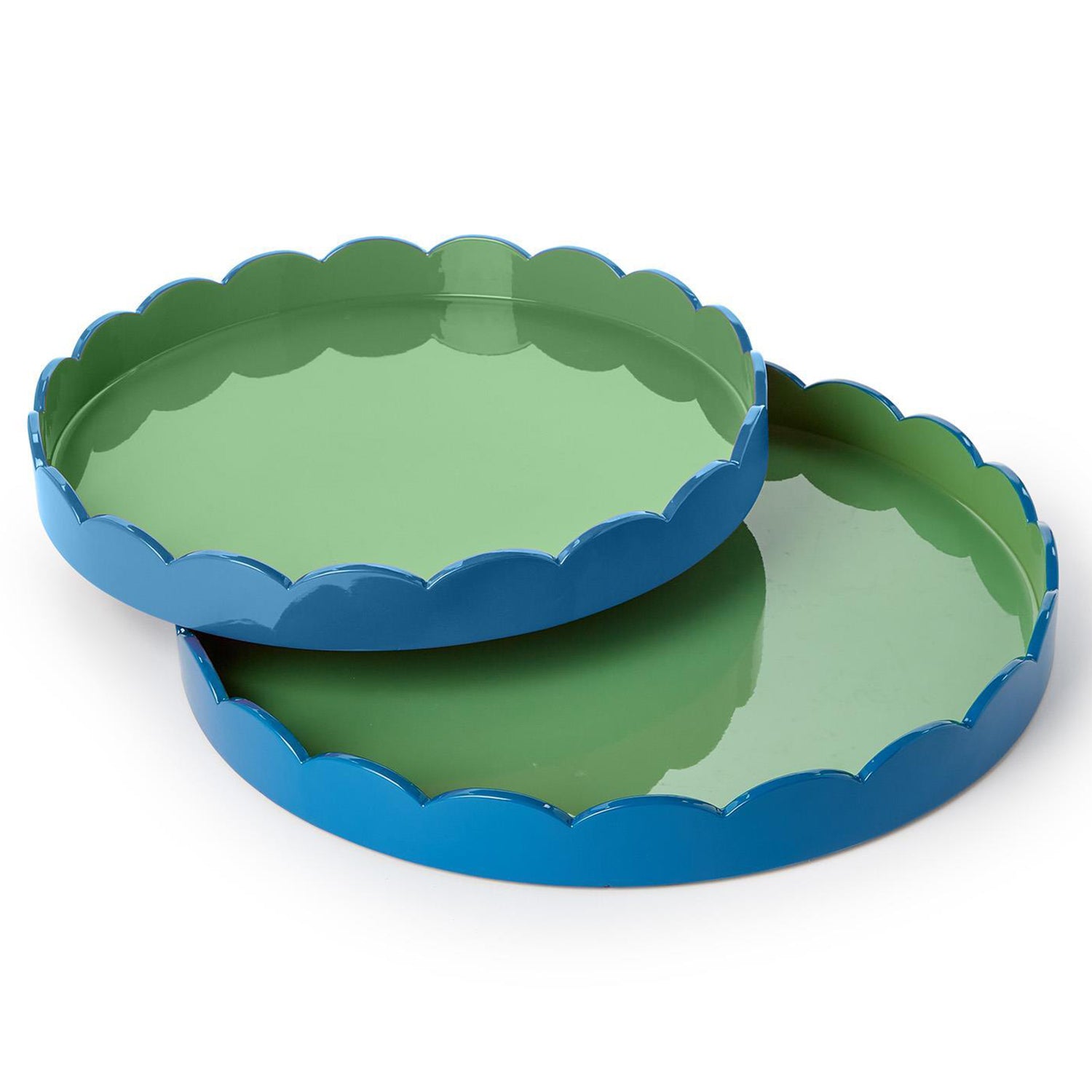Scalloped Blue and Green Dual Tone Lacquered Tray Set of 2