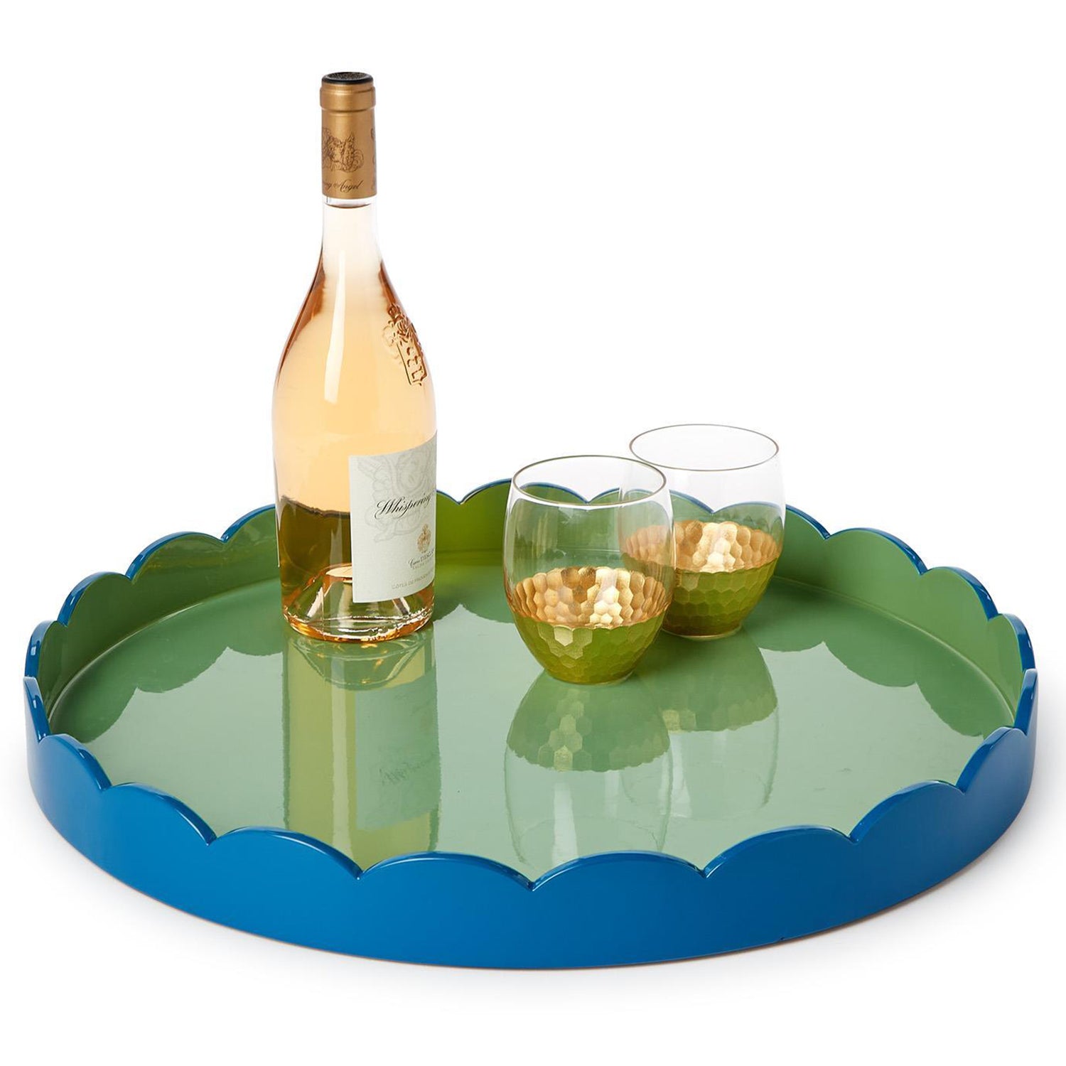 Scalloped Blue and Green Dual Tone Lacquered Tray Set of 2