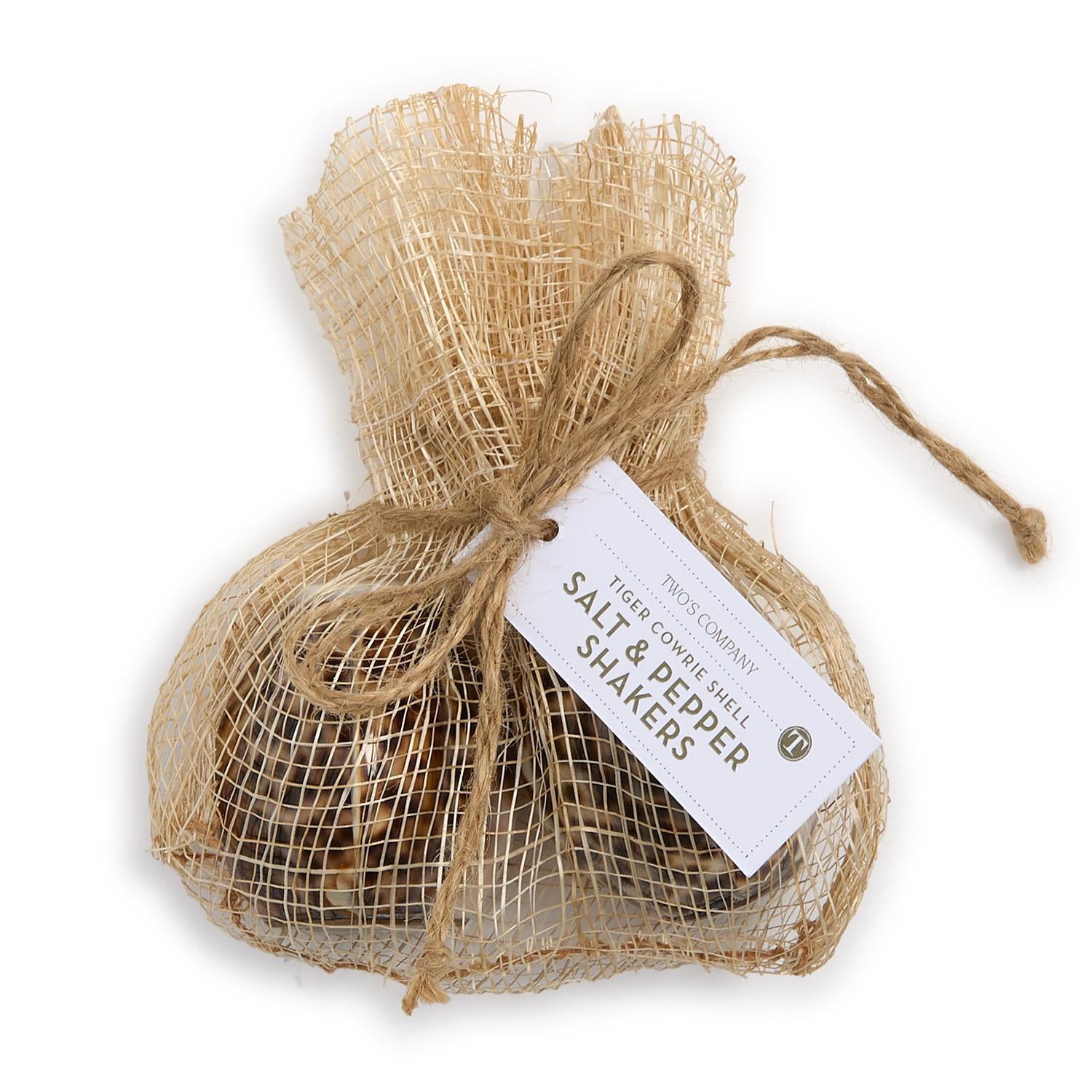 Tiger Cowrie Salt and Pepper Shaker Set in Natural Jute Pouch