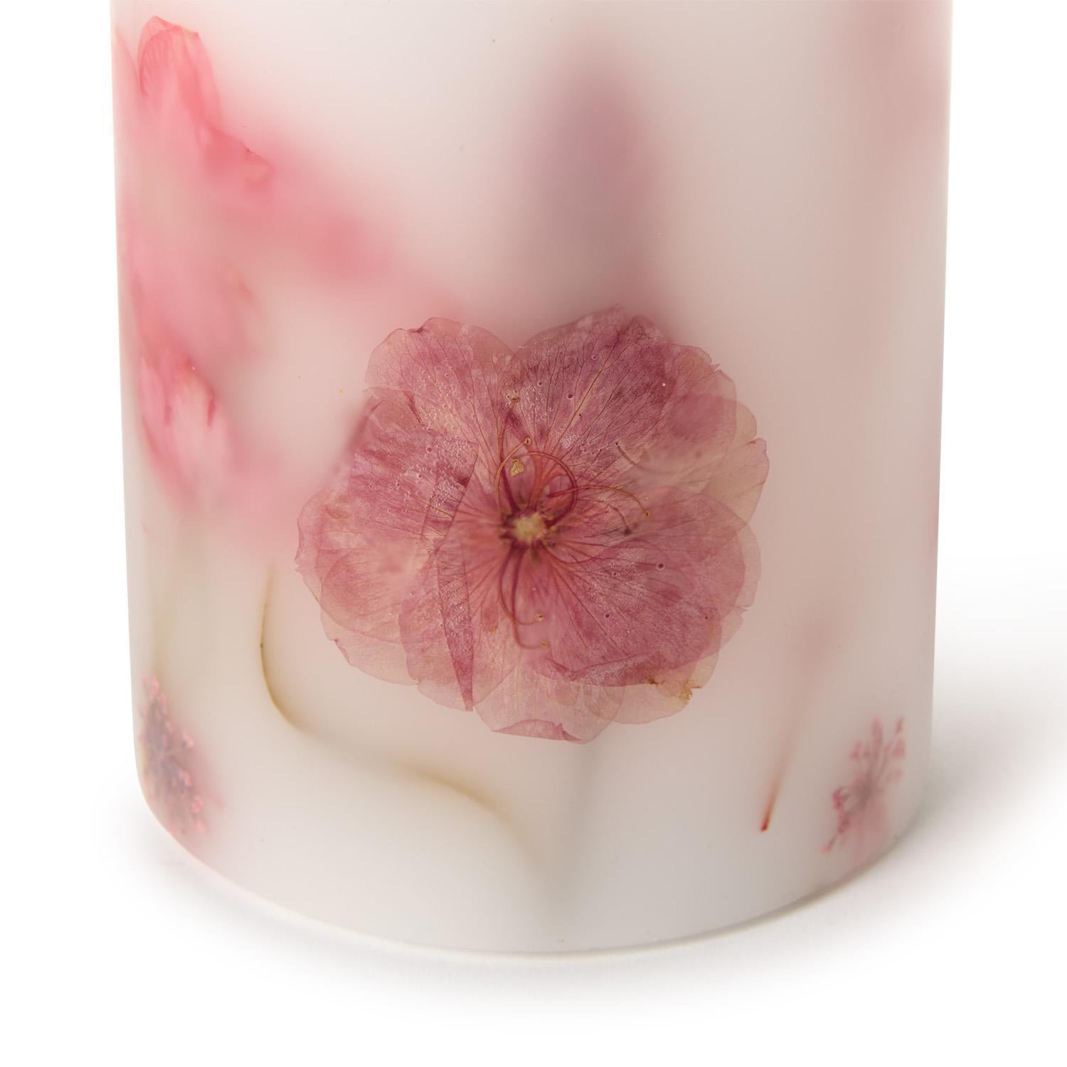 Flickering Flameless Wax Pillar Candles with Pressed Flowers Set of 2