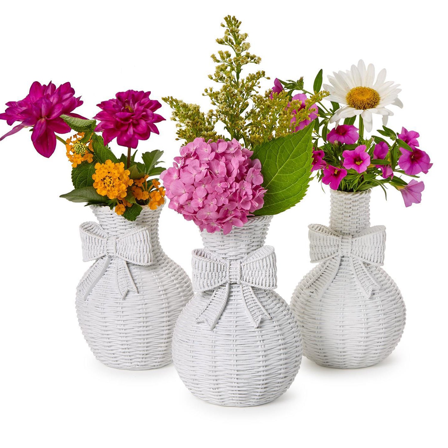Bowed Beauties Set of 3 Basket Weave Pattern White Vases