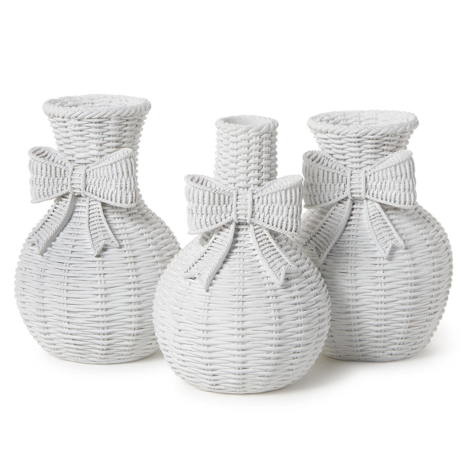 Bowed Beauties Set of 3 Basket Weave Pattern White Vases