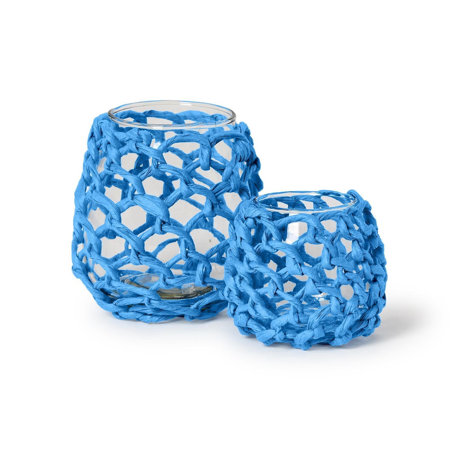 Blue Wrapped Paper Rope Tealight Candleholder Set of 2