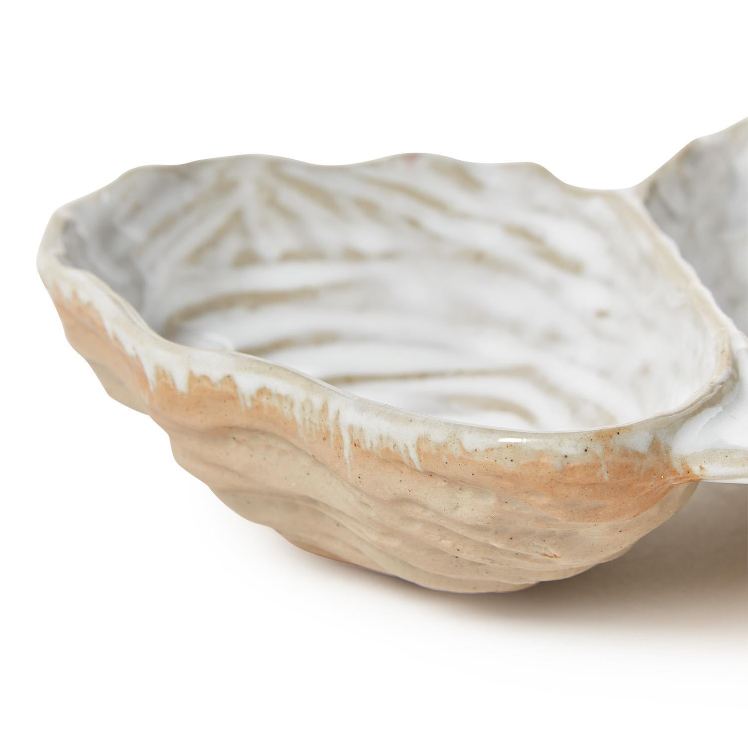 Artisanal Reactive Glaze 3 Section Oyster Shell Tidbit Dish/Tray