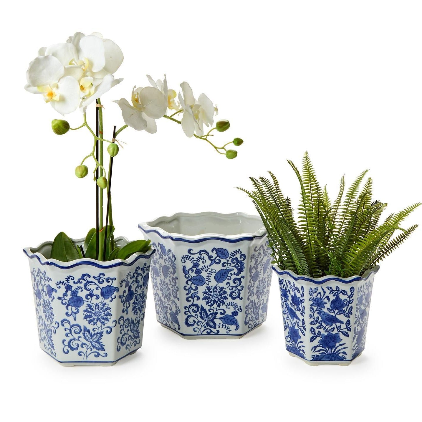 Floral Blue and White Hand-Painted Planter Set of 3