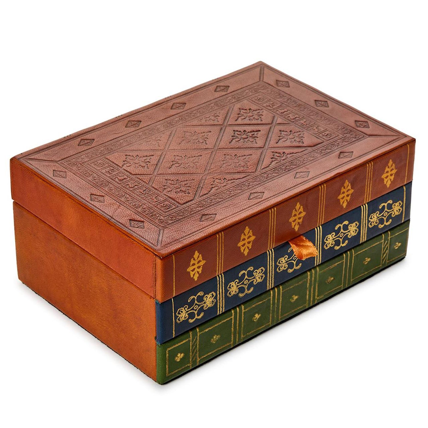 Leather Hinged Rectangle Keepsake/Storage Box with Tri-Color Spine