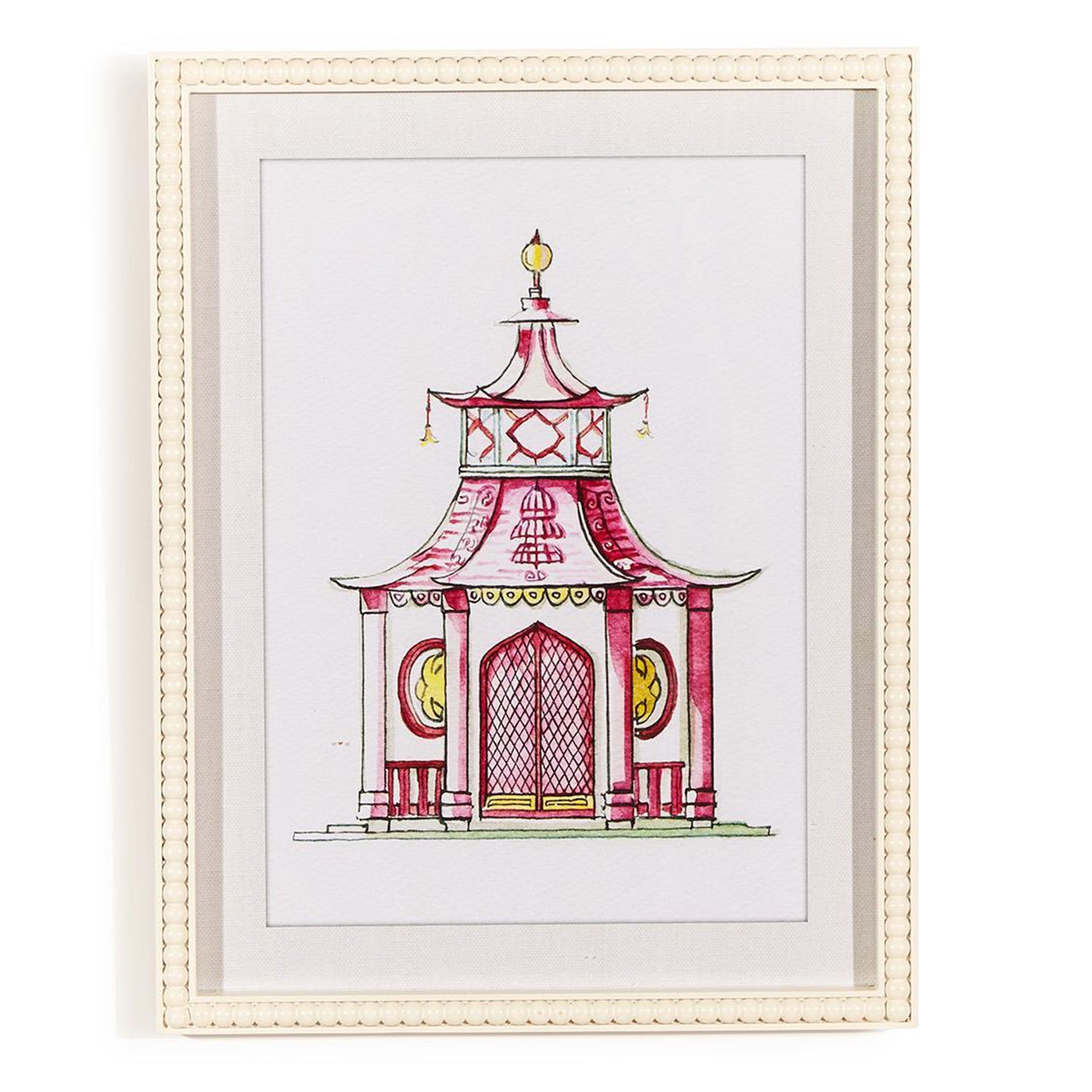 Pink Pagoda White Beaded Framed Wall Art Print Set of 4