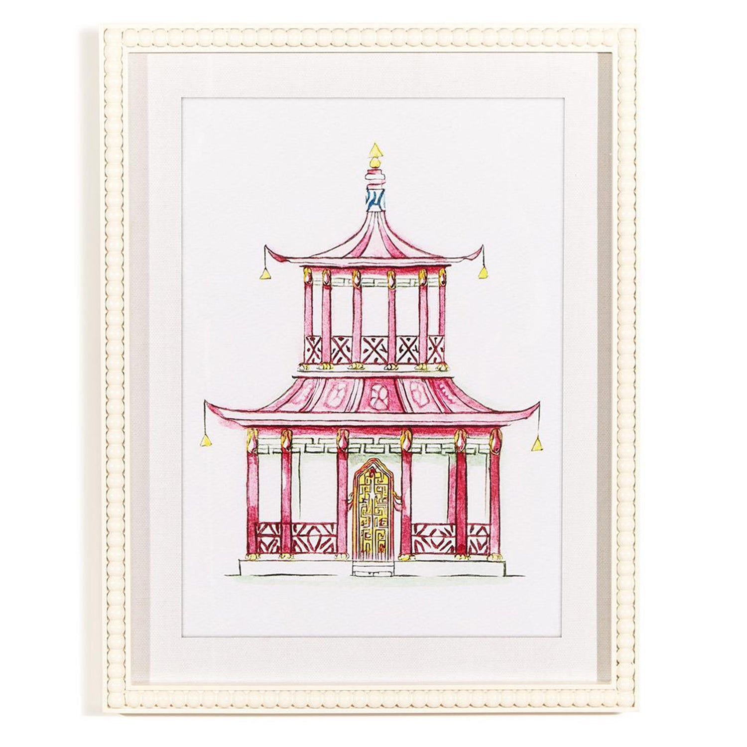Pink Pagoda White Beaded Framed Wall Art Print Set of 4