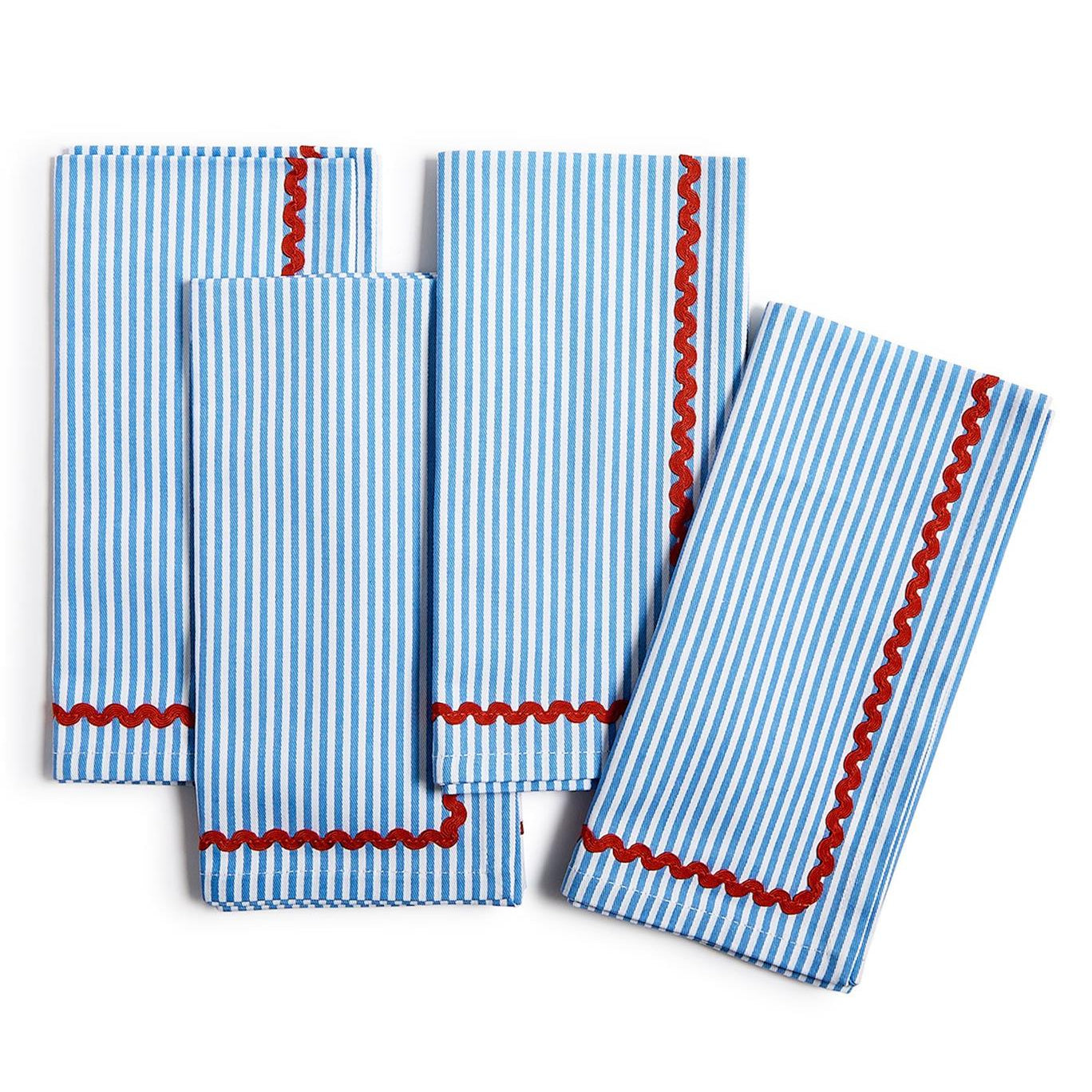 Blue Stripe with Red Ric Rac Trim Dinner Napkin Set of 4