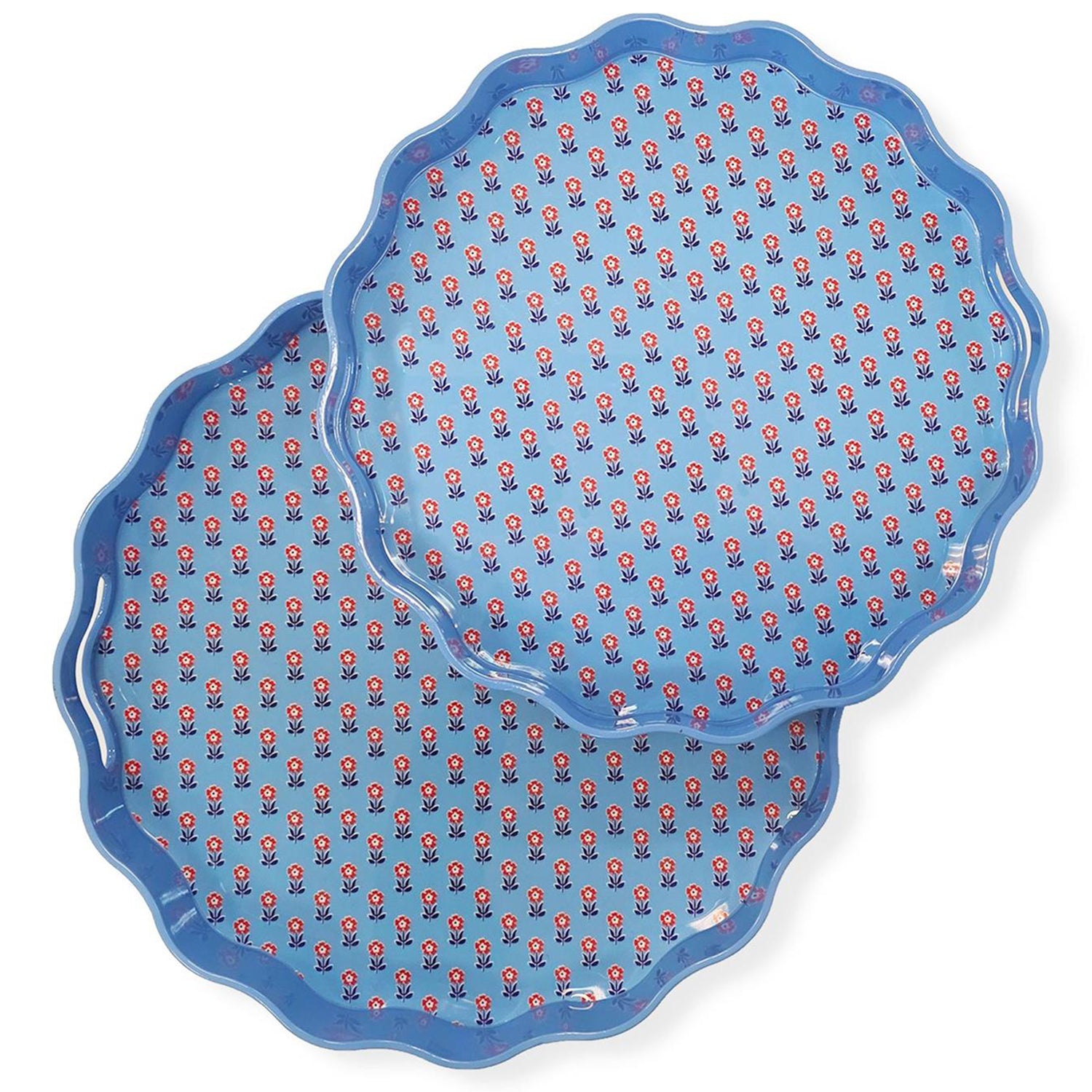 Red, White and Bloom Scalloped Lacquered Tray Set of 2