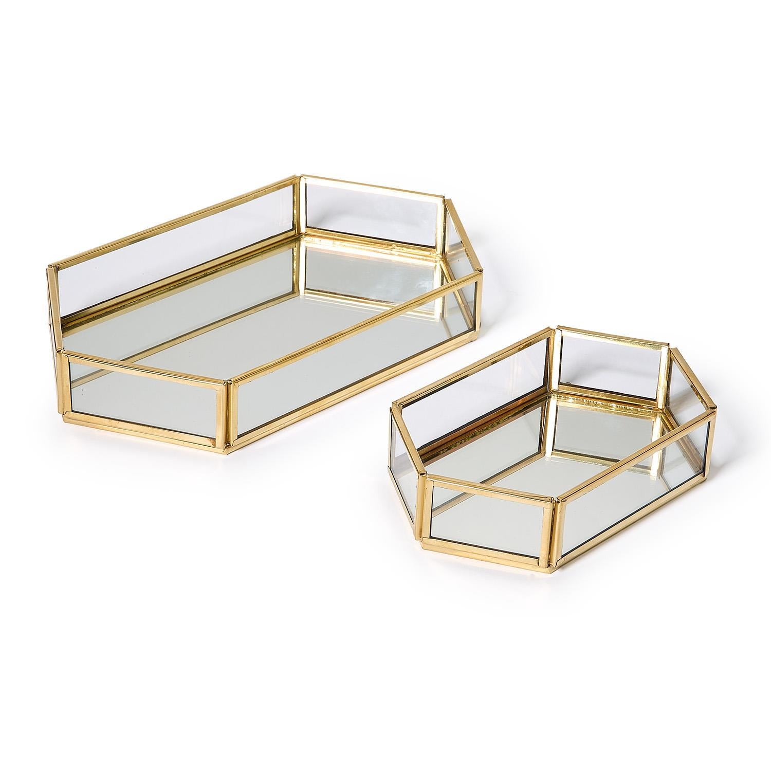 Hexagon Glass and Brass Tray Set of 2