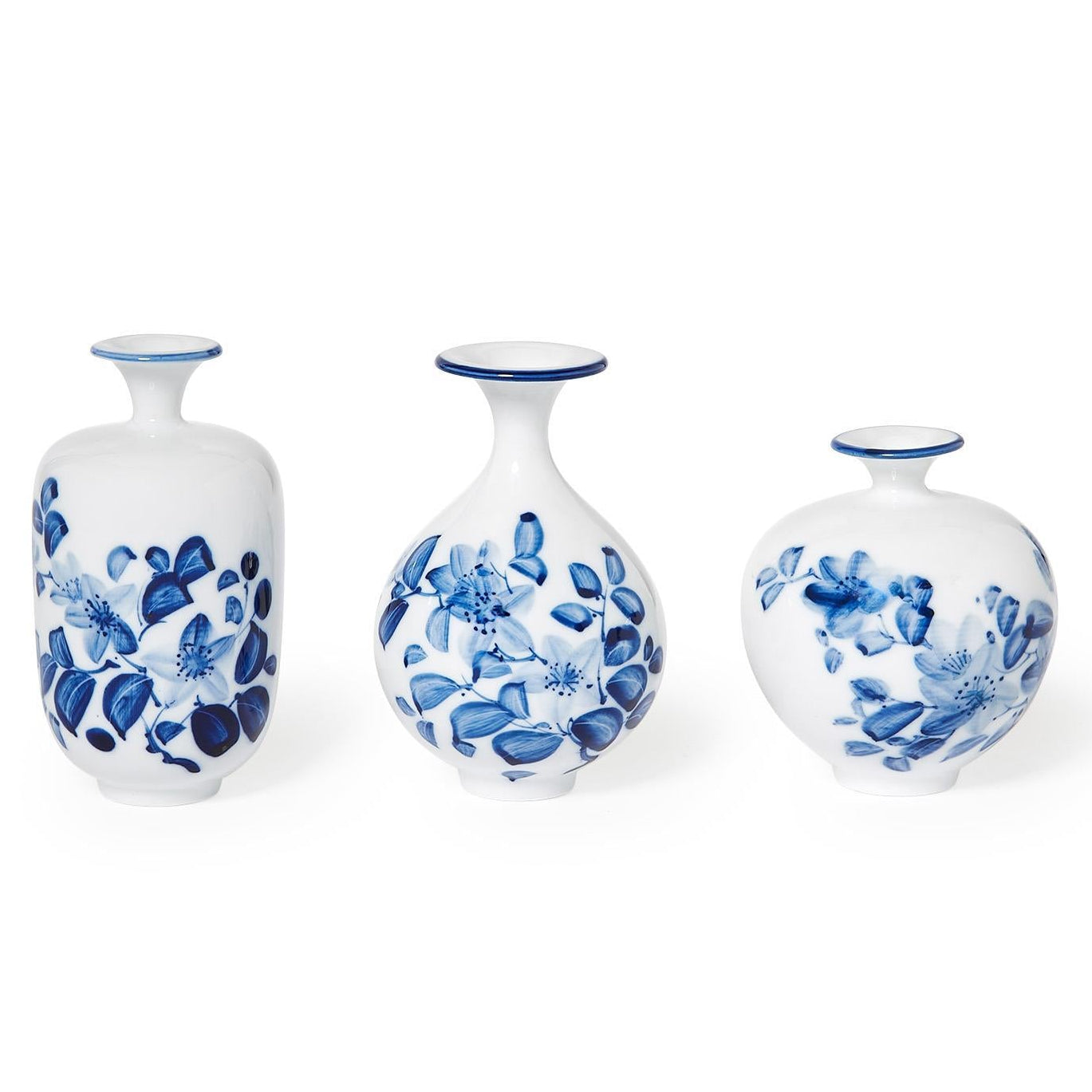 Chinoiserie Blue Floral Petite Hand-Painted Vase Set of 3