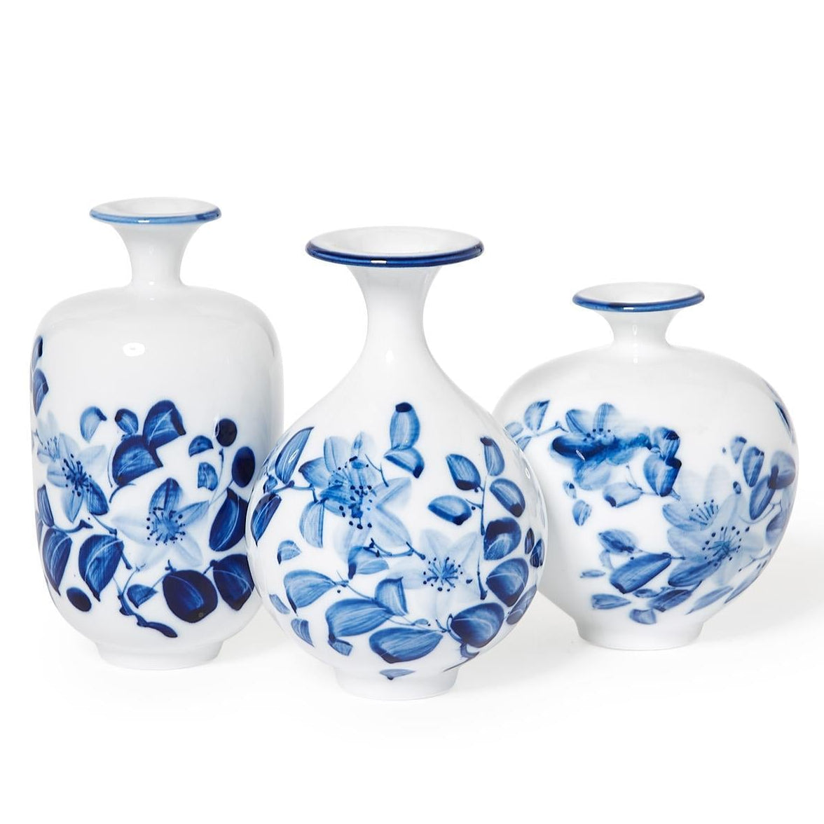 Chinoiserie Blue Floral Petite Hand-Painted Vase Set of 3