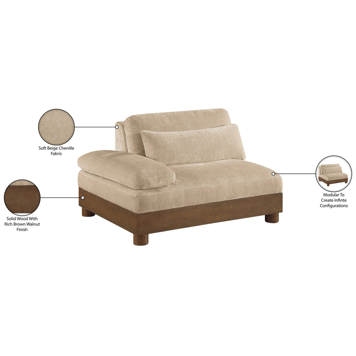 Turin Beige Chenille Fabric Upholstered Modular Left Arm Chair