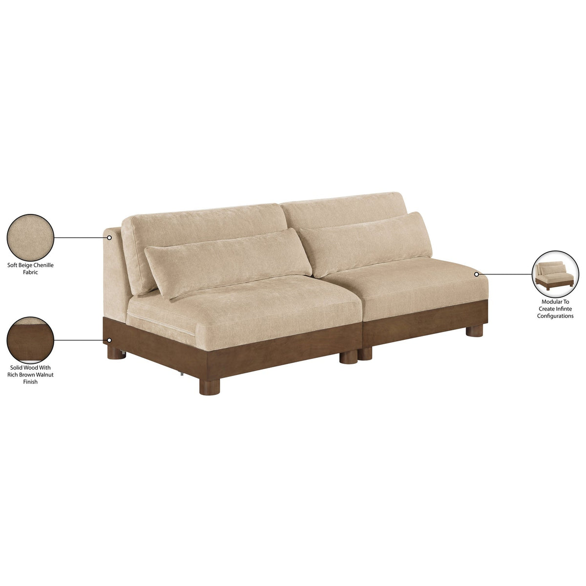 Turin 80in Beige Chenille Fabric Upholstered 2 Piece Modular Sofa