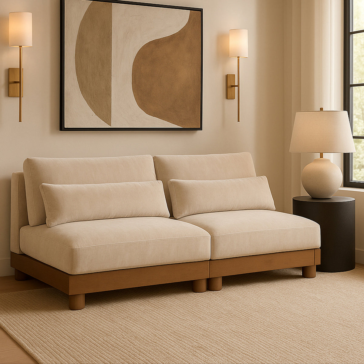 Turin 8 0in Beige Chenille Fabric Upholstered 2Piece. Modular Sofa