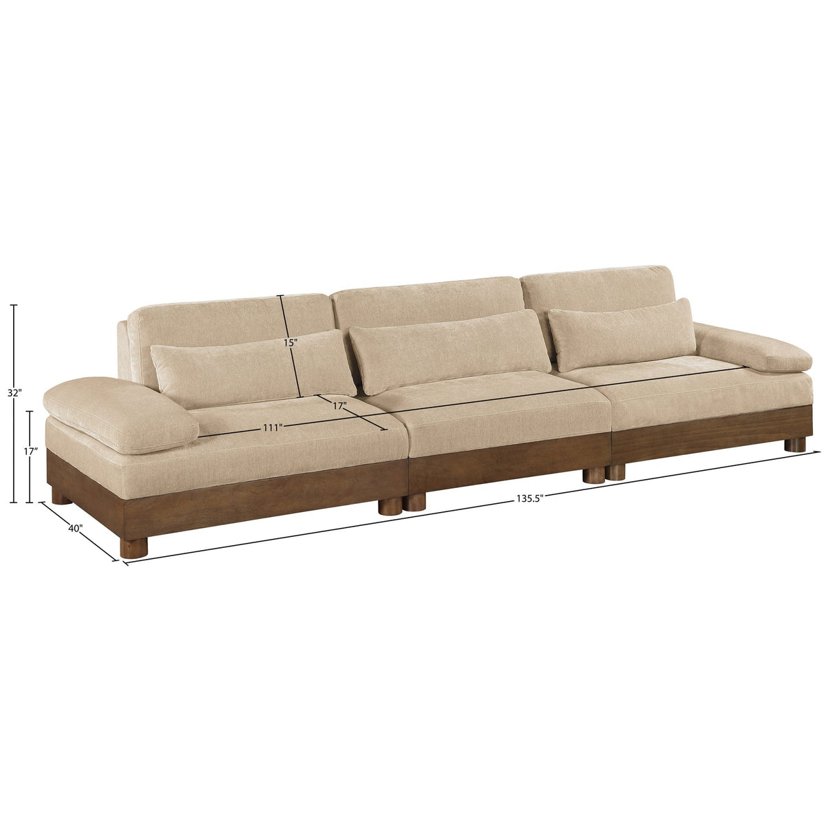 Turin 13 5 .5in Beige Chenille Fabric Upholstered 3 Piece. Modular Sofa