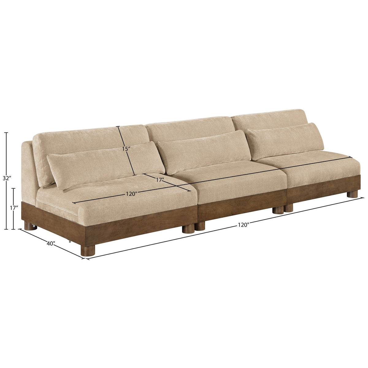 Turin 120in Beige Chenille Fabric Upholstered 3 Piece Modular Sofa