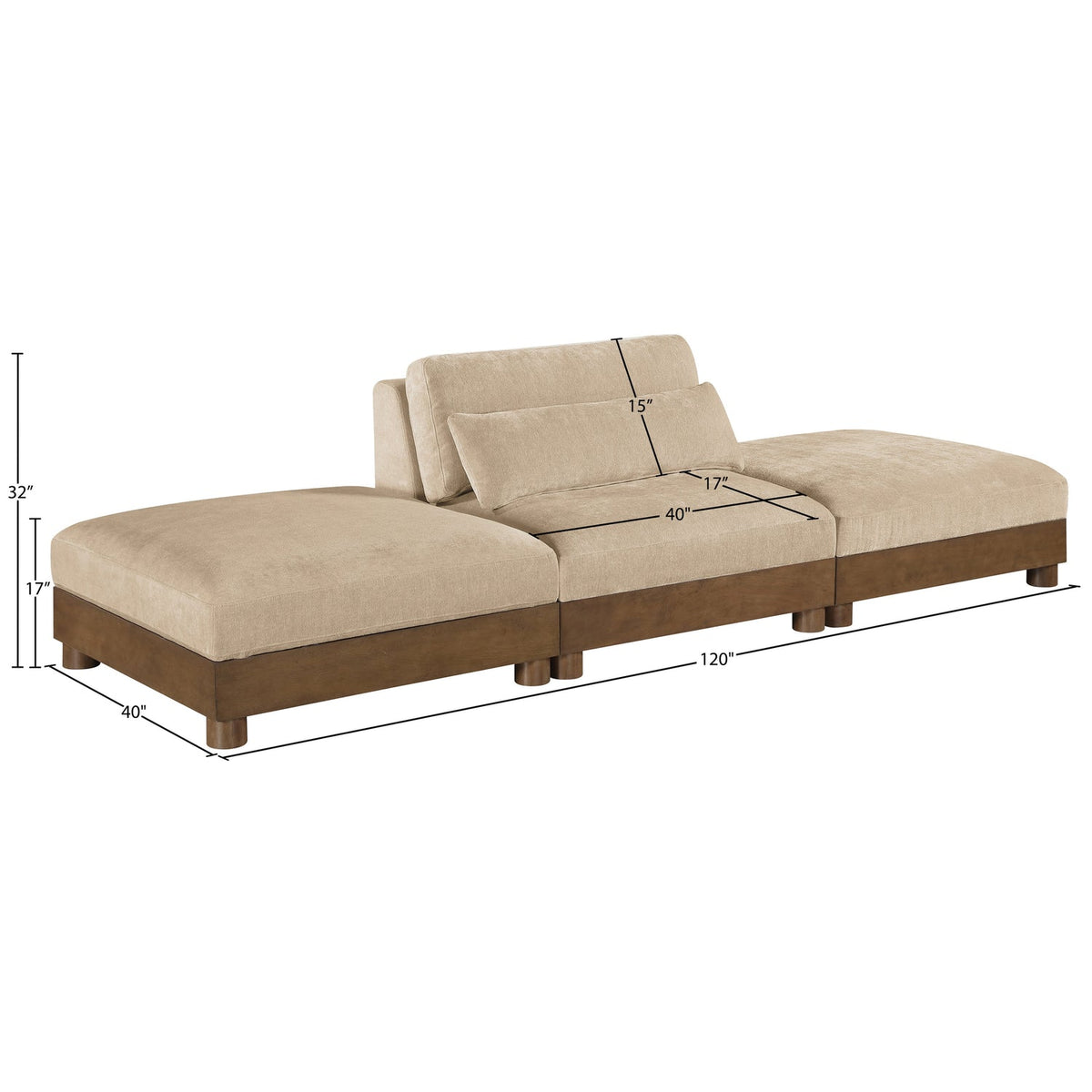 Turin 120in Beige Chenille Fabric Upholstered 3 Piece Modular Sofa