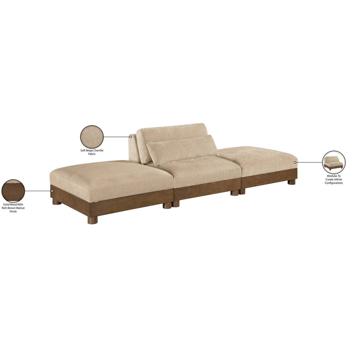 Turin 120in Beige Chenille Fabric Upholstered 3 Piece Modular Sofa