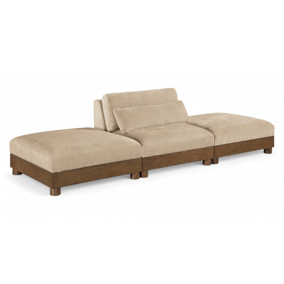 Turin 120" Beige Chenille Fabric Upholstered 3pc. Modular Sofa in beige chenille, brown walnut, primary product view