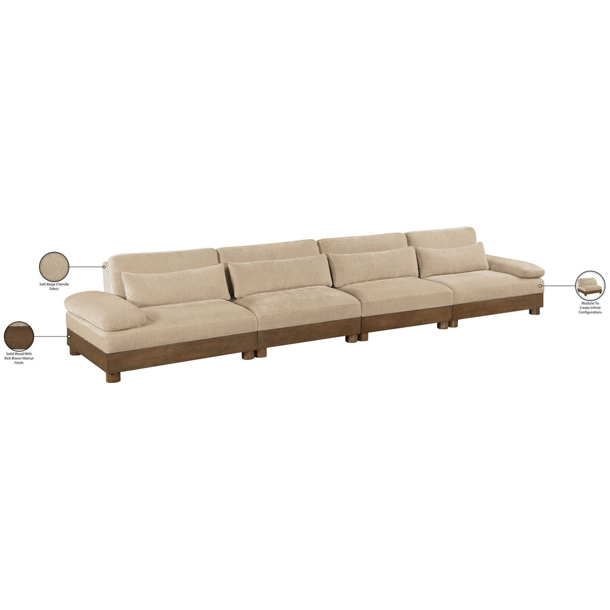 Turin 175.5in Beige Chenille Fabric Upholstered 4 Piece Modular Sofa