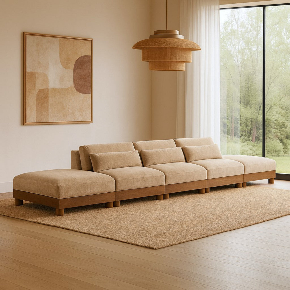 Turin 200in Beige Chenille Fabric Upholstered 5 Piece Modular Sofa