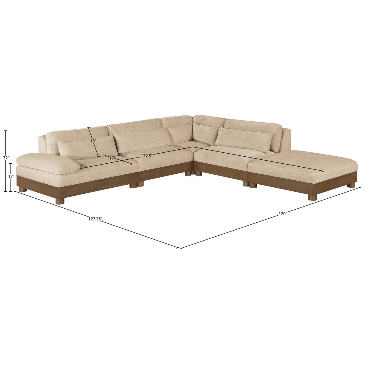 Turin 120in Beige Chenille Fabric Upholstered 5 Piece Modular Sectional Sofa