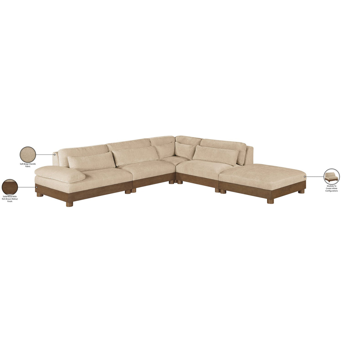 Turin 120in Beige Chenille Fabric Upholstered 5 Piece Modular Sectional Sofa
