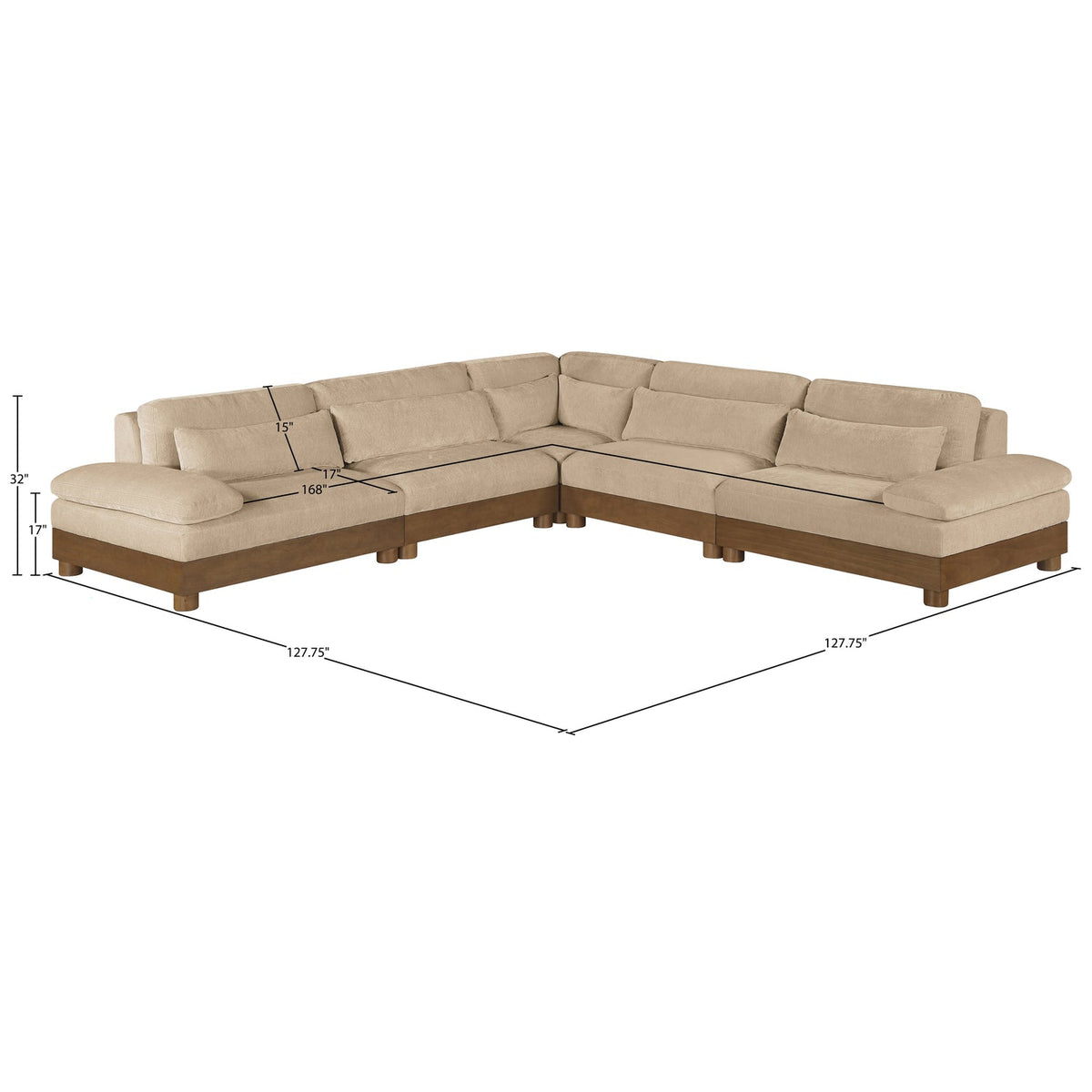 Turin 127.75in Beige Chenille Fabric Upholstered 5 Piece Modular Sectional Sofa