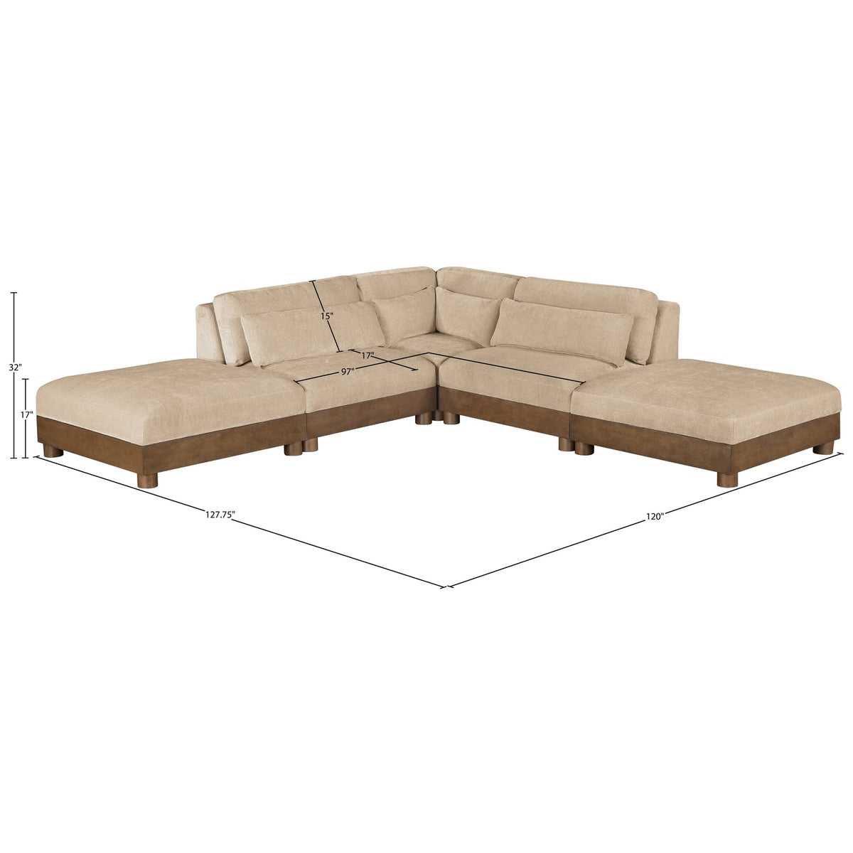 Turin 120in Beige Chenille Fabric Upholstered 5 Piece Modular Sectional Sofa