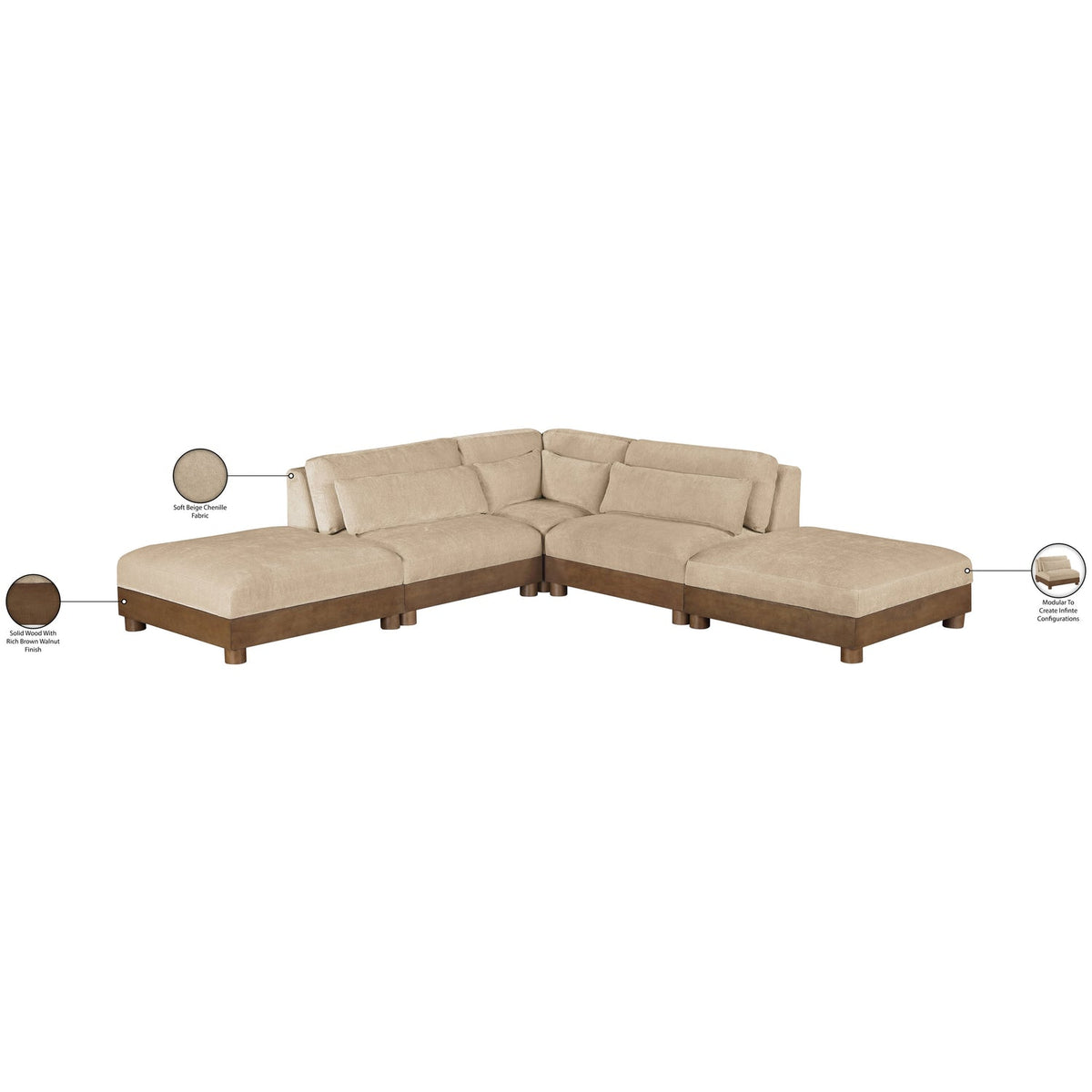 Turin 120in Beige Chenille Fabric Upholstered 5 Piece Modular Sectional Sofa