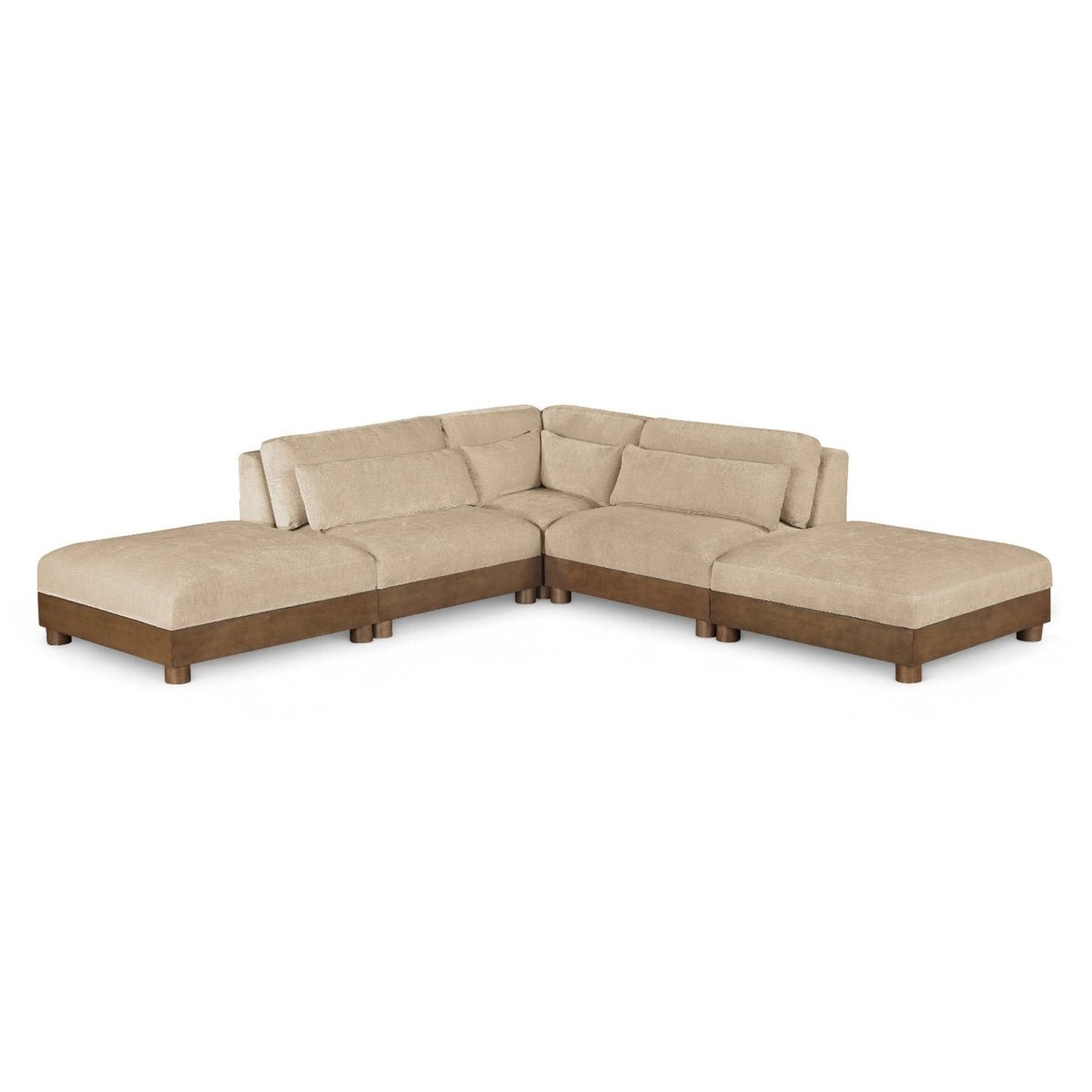 Turin 120" Beige Chenille Fabric Upholstered 5pc. Modular Sectional in beige chenille, brown walnut, primary product view
