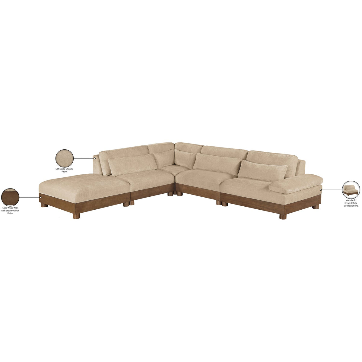 Turin 127.75in Beige Chenille Fabric Upholstered 5 Piece Modular Sectional Sofa