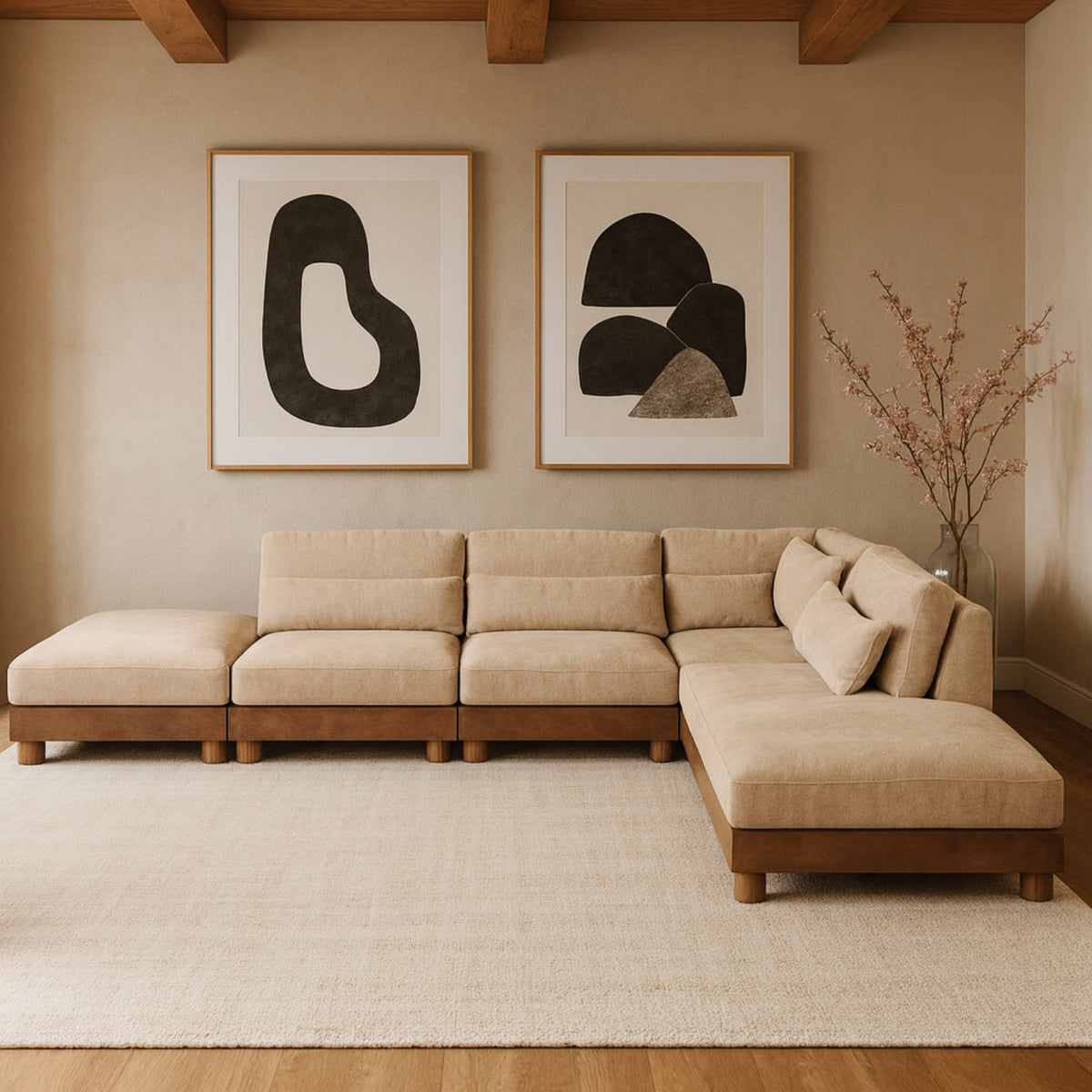 Turin 160in Beige Chenille Fabric Upholstered 6 Piece Modular Sectional Sofa